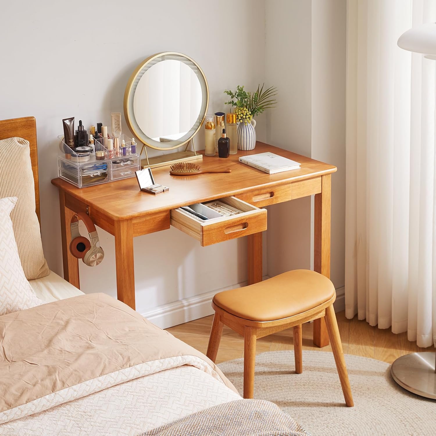 Wood Writing Desk with Drawers and Hooks, Small Computer Table, 39x22x30inch Work Desk, Study Table, Small Wooden Dining Table Cherry Wood Color YD-WD02N
