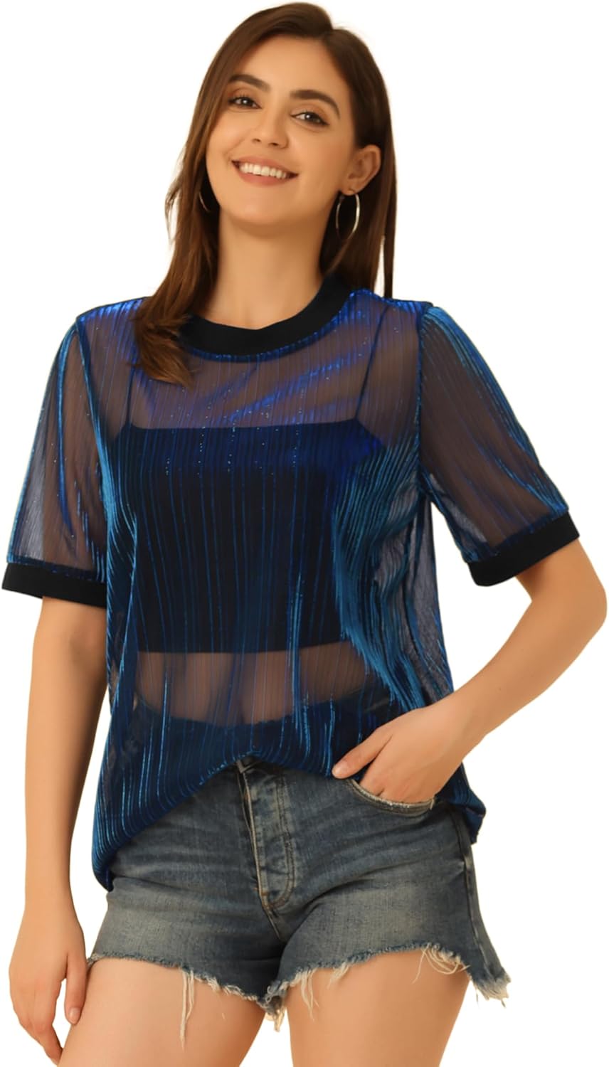 Allegra K Women's Rainbow Mesh T-Shirt Cover Up Party Short Sleeve See Through Sheer Tops