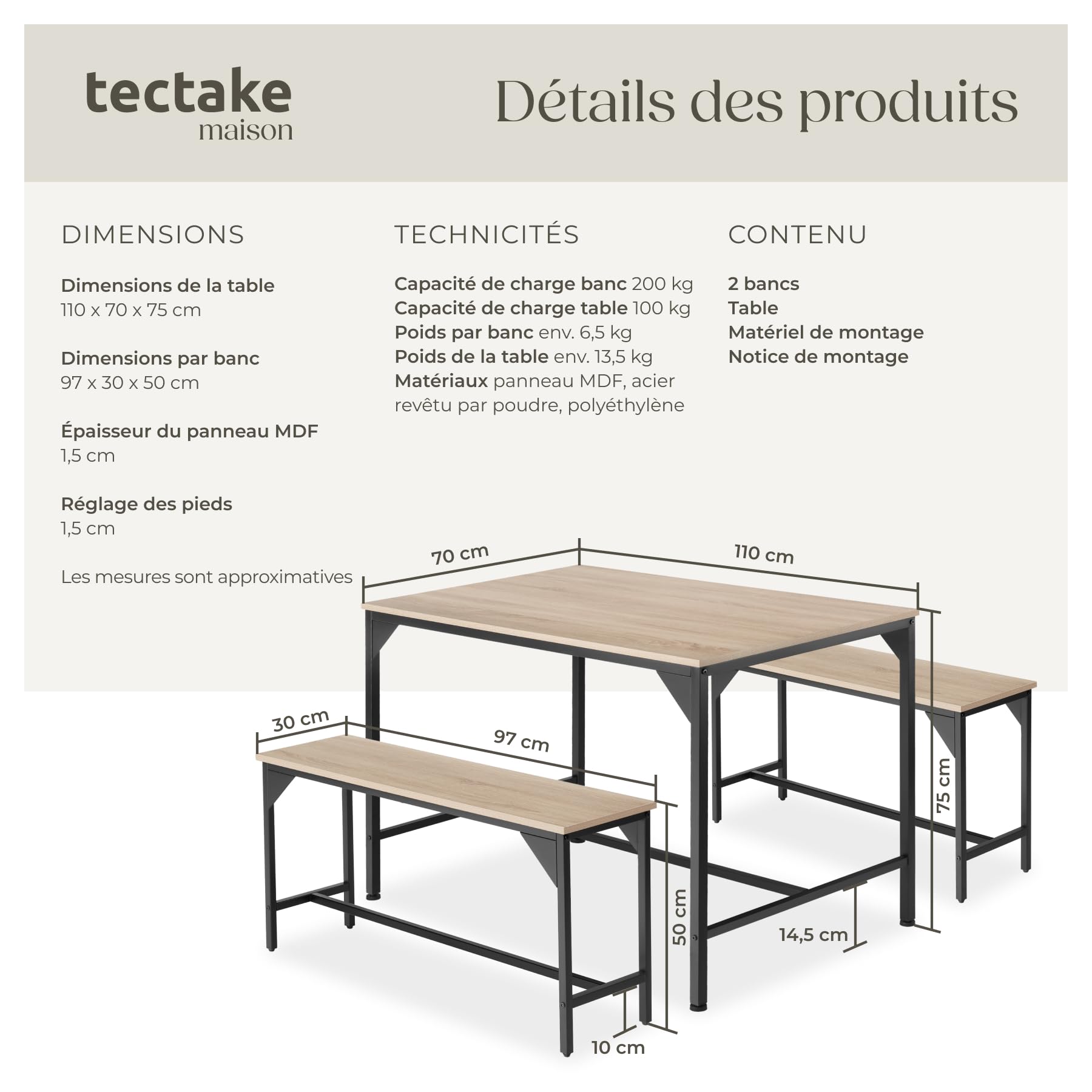 tectake® Ensemble Table et Banc Salle à Manger en Bois et Acier Table de Salle à Manger 2 Bancs Style Industriel Scandinave - Chêne Sonoma/Marron Clair Industriel