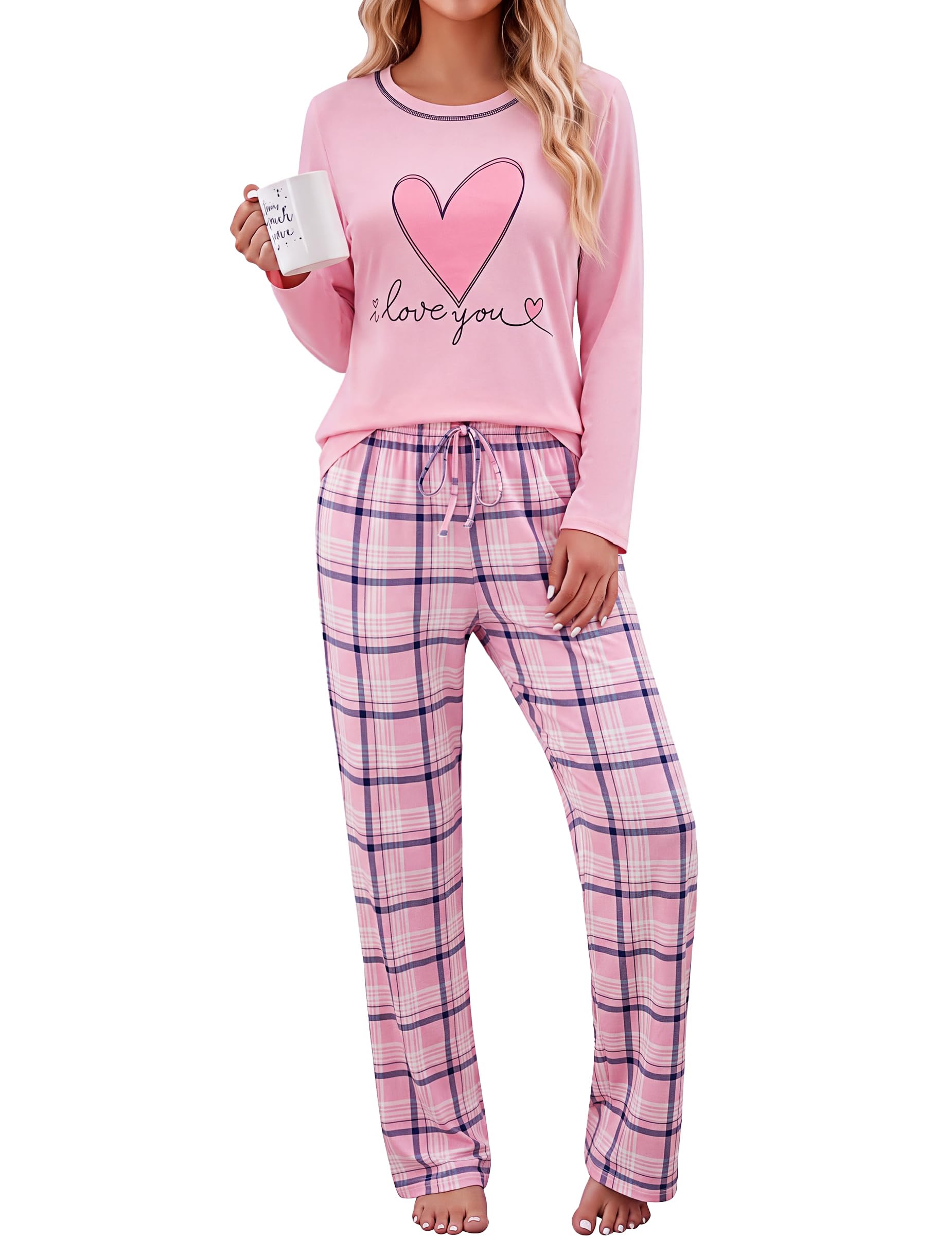 Litherday Schlafanzug Damen Lang Pyjama Set Zweiteiler Nachtwäsche Kariert | Rundhals Langarm Oberteil mit Herzprint,Kariert Pyjamahose mit Taschen,Bequemer Hausanzug Winter Loungewear Set für Frauen