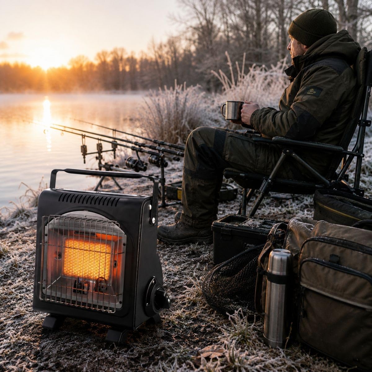 Intec – Calentador de gas portátil 1700 W + 12 cartuchos de gas encendido Piezo Thermopar ODS Camping Pesca