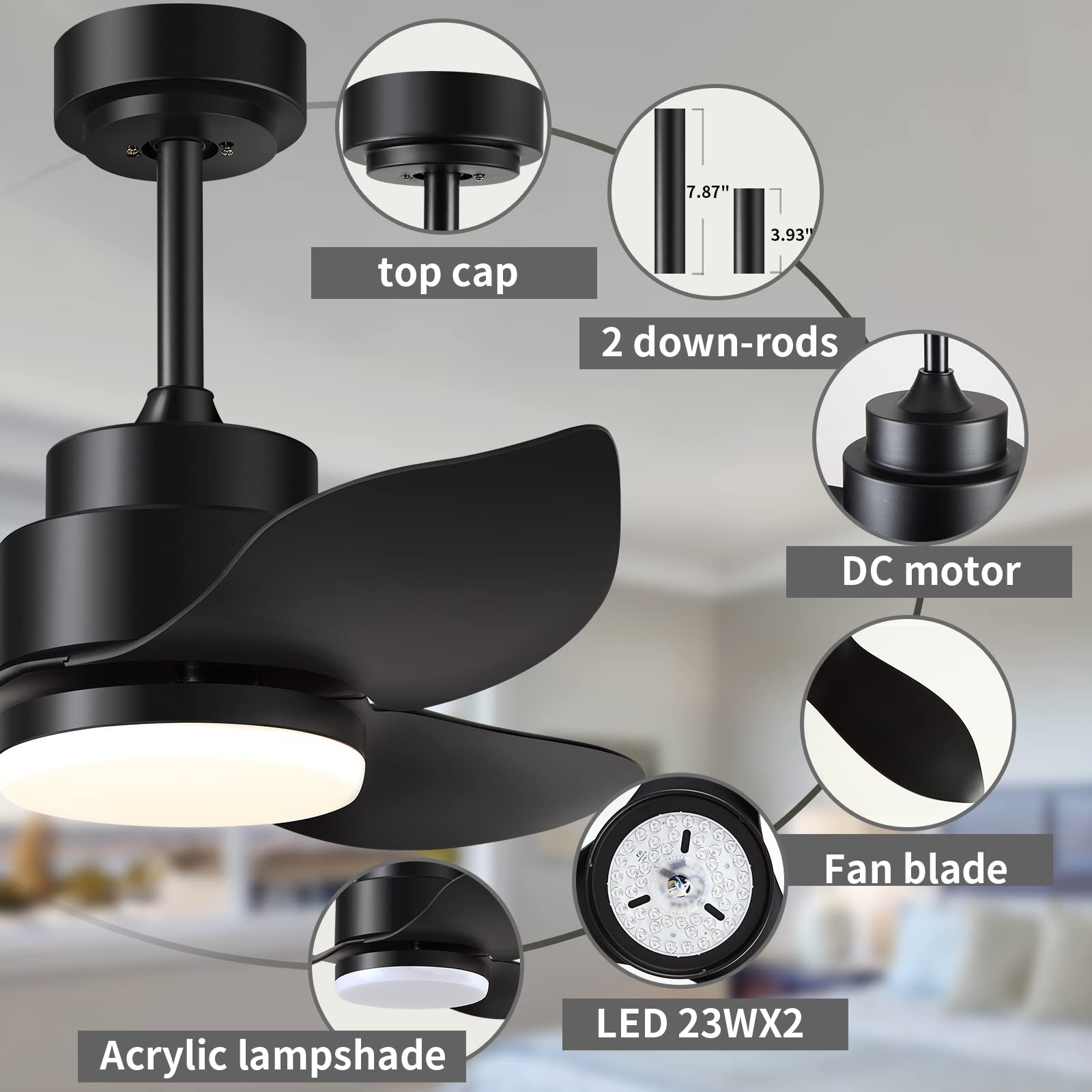Surtime Modern Black Ceiling Fans With Lights Indoor Outdoor Low Profile Ceiling Fan With Remote ...