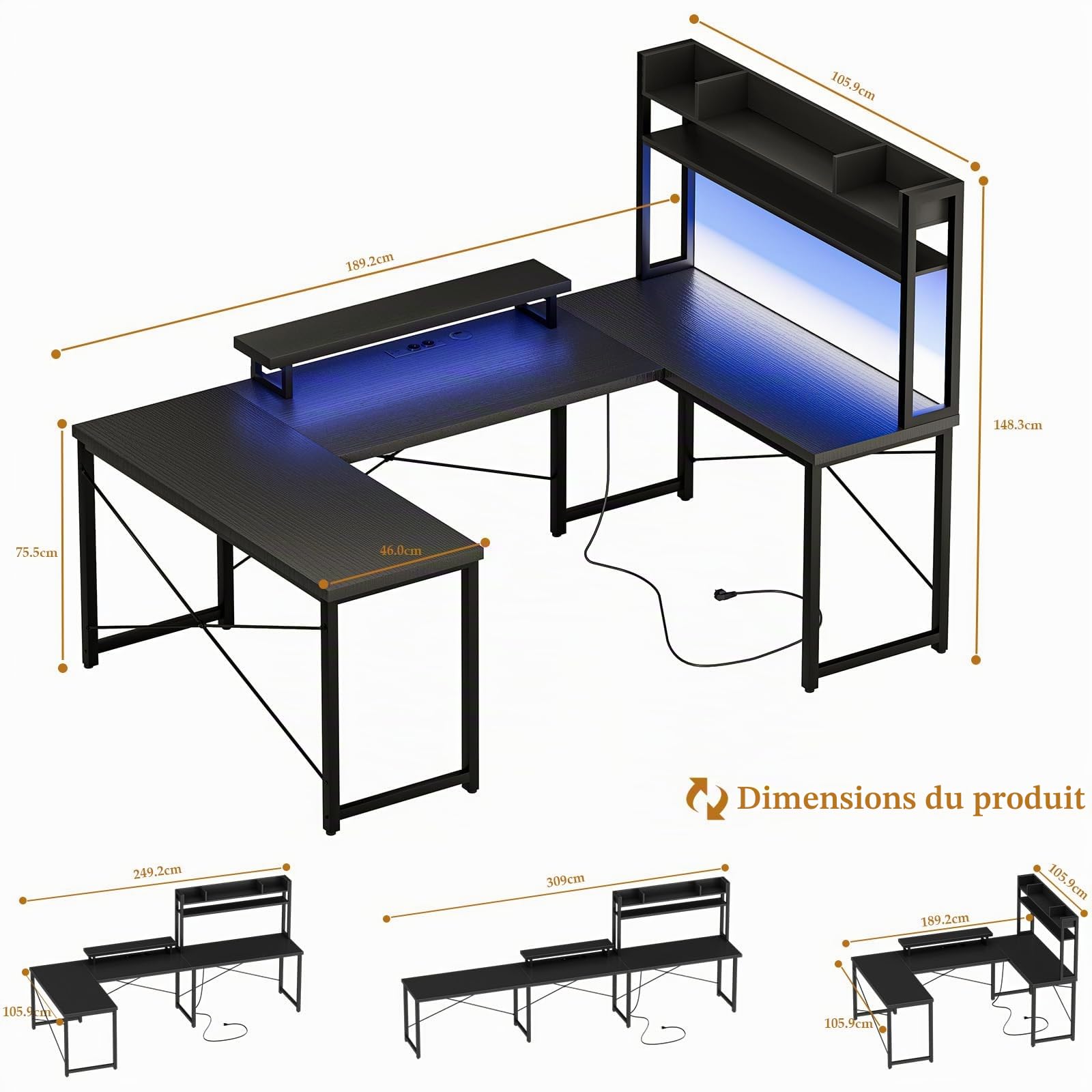 Homieasy Bureau Gaming d'angle Réversible L Ou U avec LED