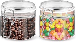 2 Pcs PET Plastic Storage Jars with Locking Clamp Empty Square Clear Food Storage Containers Wide Mouth Sealed Jars Food Canister For Coffee Candy Cookie Spices Nuts Sugar And More (13.3OZ/400ml)