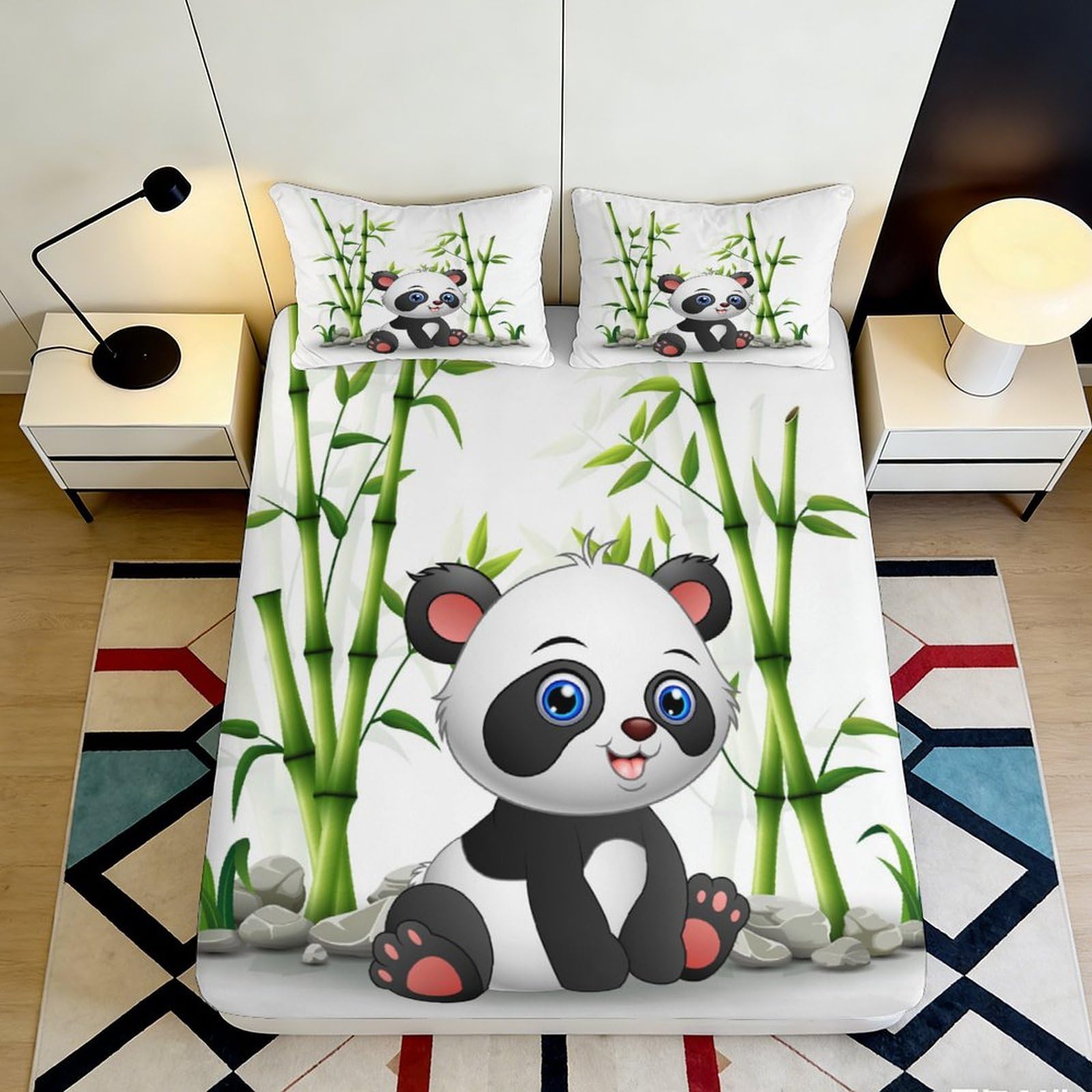 3D Printed Cute Panda Bamboo Fitted Sheet Microfiber Soft Breathable Cartoon Bed Sheet for Bedroom Dormitory Guest Room Mattress Protection Decor 90x200x25cm