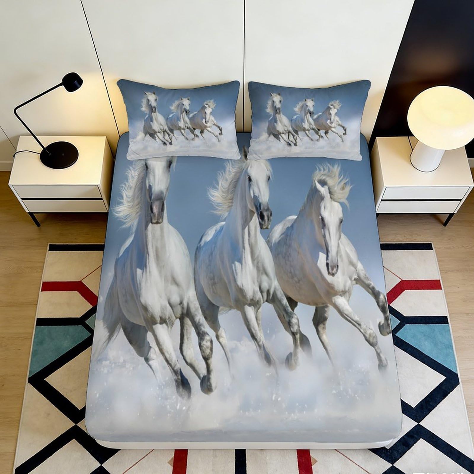 Uynsixtme Style-9 3D Printed Horse Pattern Fitted Sheet Microfiber Non-Slip Deep Pocket Horse Mattress Fitted Cover Washable Bedding 90X200x25cm