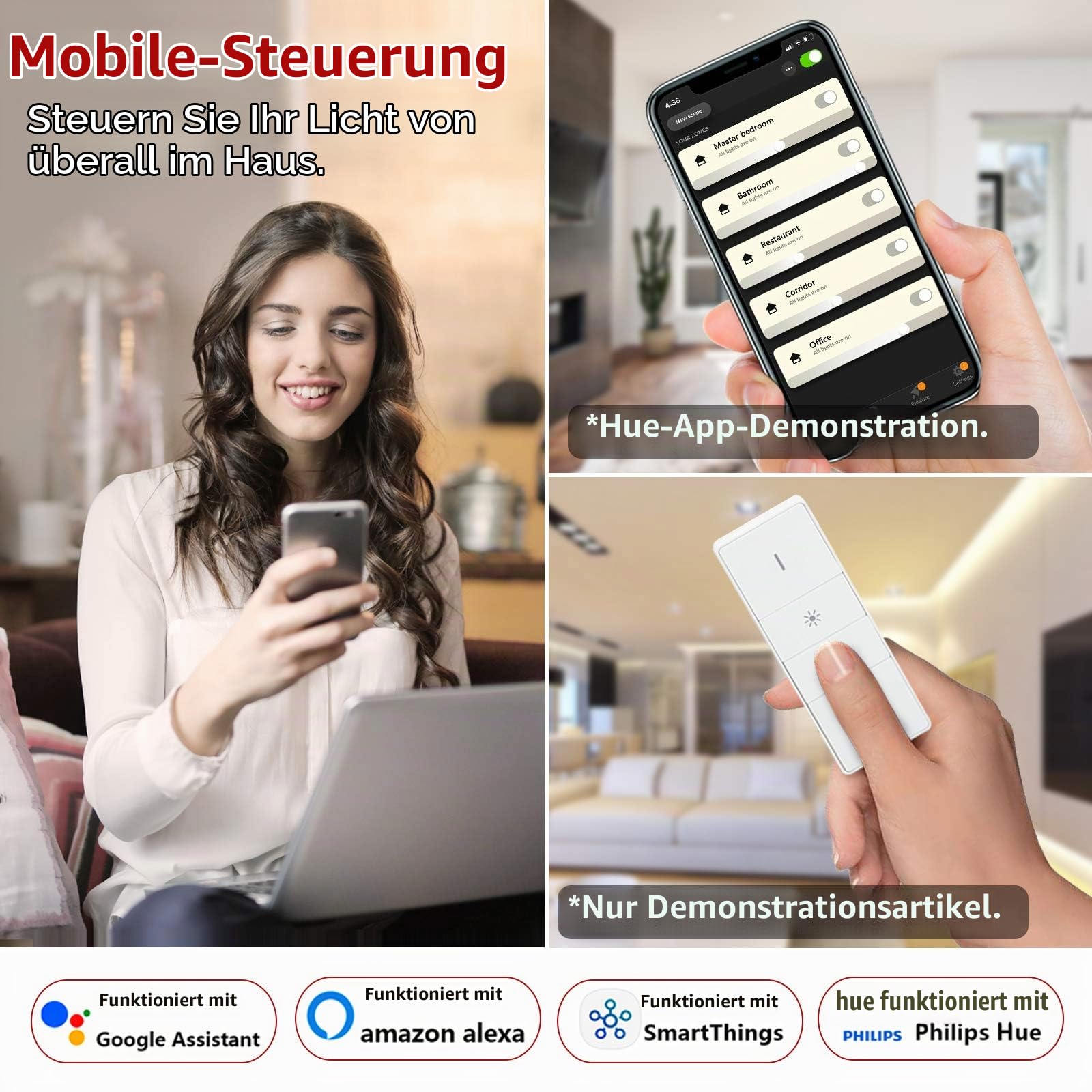 Zigbee Dimmschalter, 230V Phasenabschnitt Drehdimmer für dimmbare LED/Halogenlampen, Dimmer für LED Lampen, 5-200W, Kompatibel mit Philips Hue, Alexa und Google Home, ohne Klemmkrallen