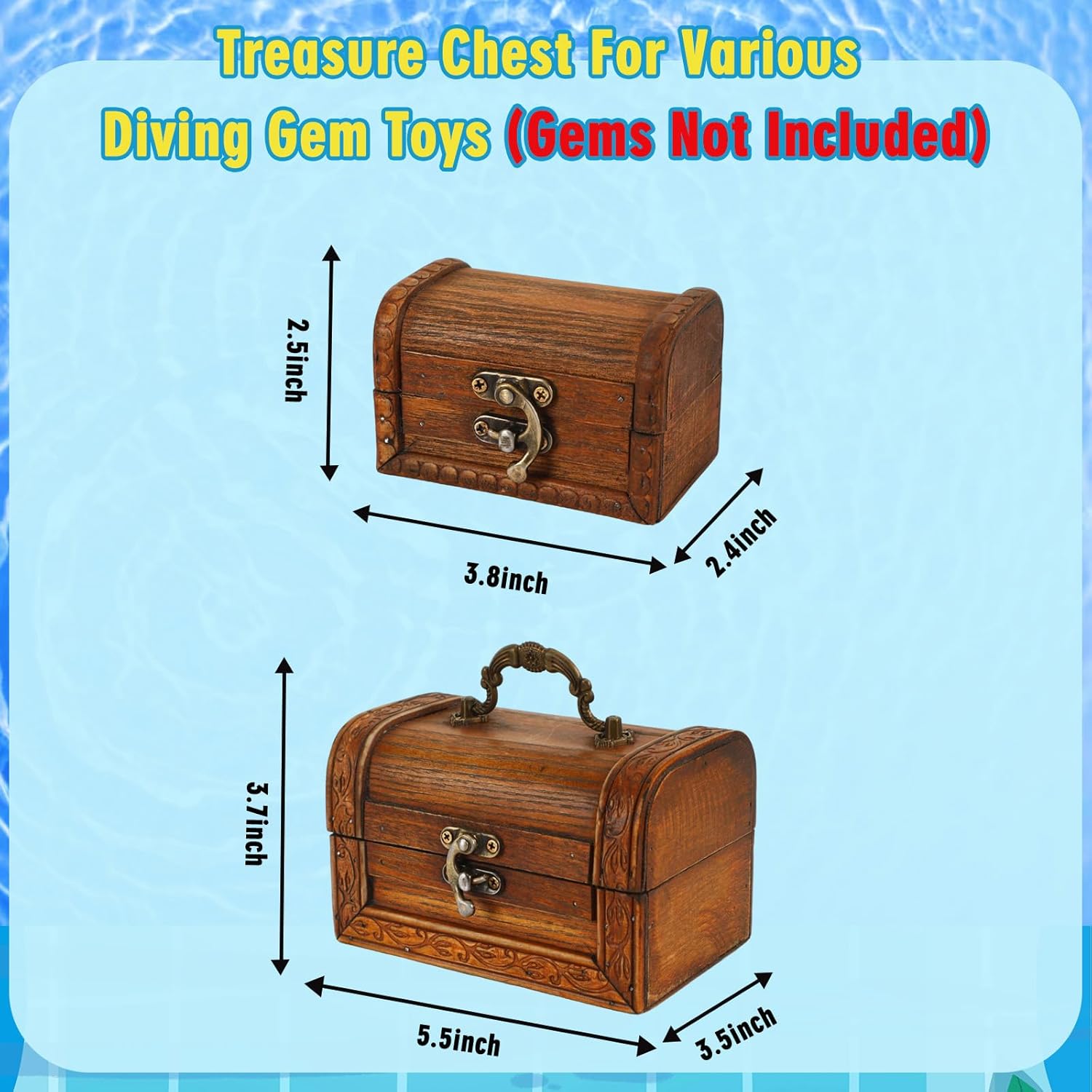 MARFOREVER Diving Gem Pool Toys (Only Box No Gem), 2 Pack Wooden Vintage Pirate Treasure Chest Pool Gem Boxes Vintage Treasures Box Toys for Summer Underwater Pirate Hunt Party Games Favors