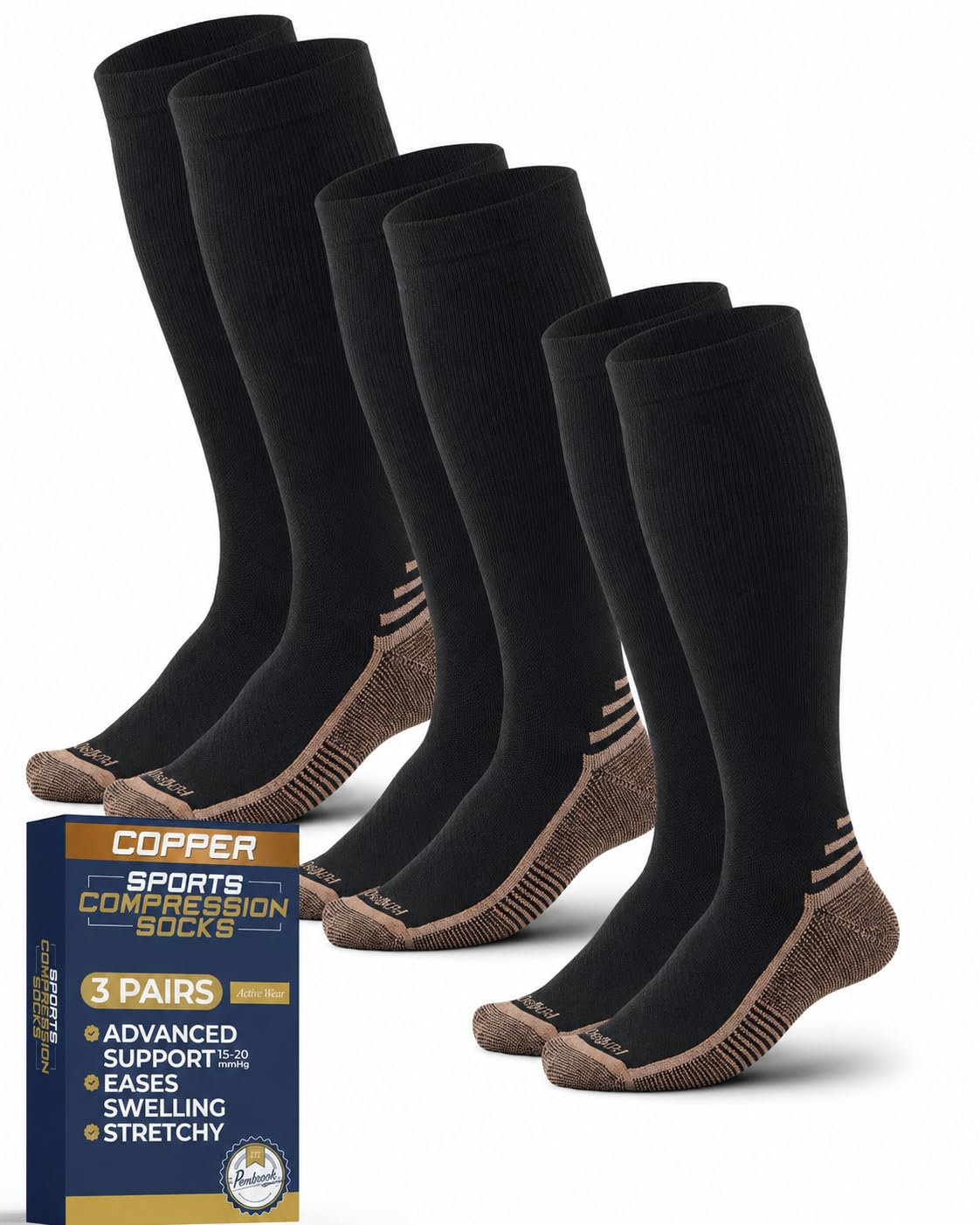 Pembrook 3 Pairs Copper Compression Socks 15-20 mmHg
