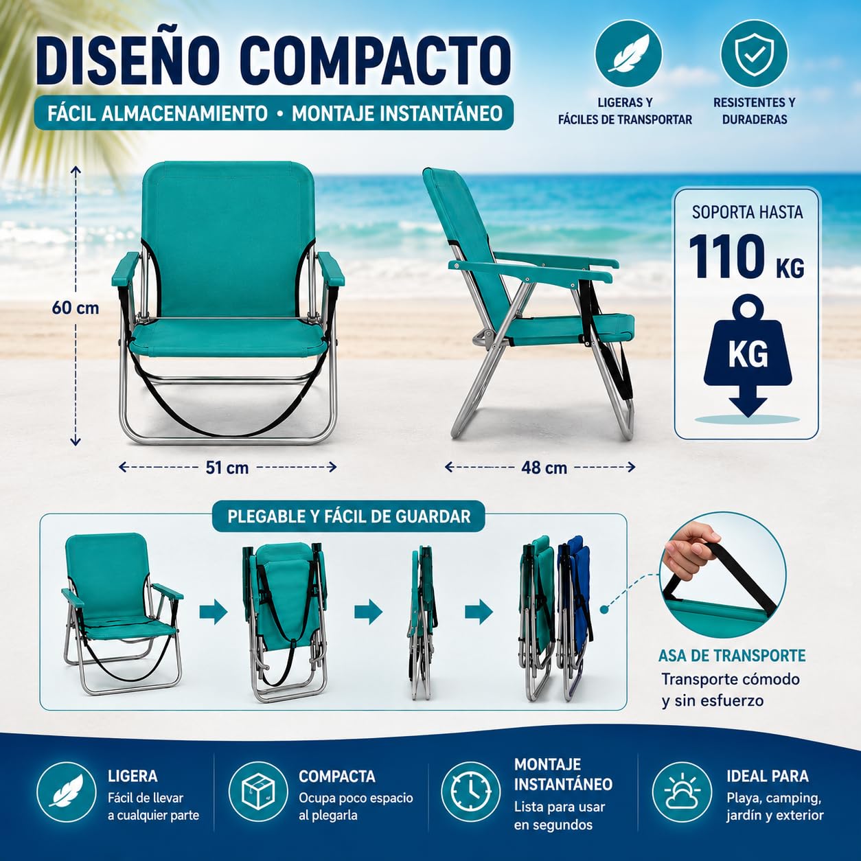 TIENDA EURASIA – Pack de 2 Sillas de Playa Plegables | Ligeras y Portátiles con Asa de Transporte | Estructura Metálica Resistente | 1 Posición Fija | Ideales para Playa y Exterior (Azul y Verde)