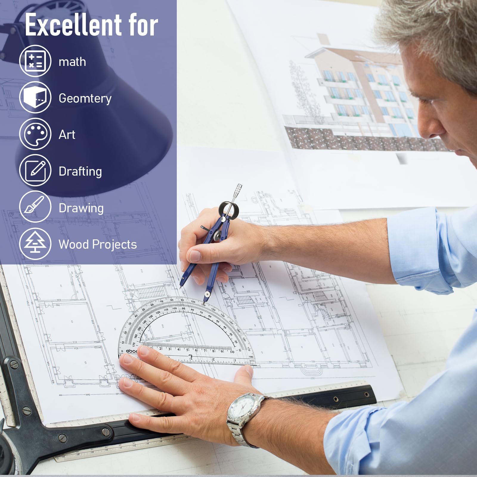 EBOOT Student Geometry Math Set, Drawing Compass and 6 Inch Clear Swing Arm Protractors 180 Degree Math Protractor (Blue,Exquisite)