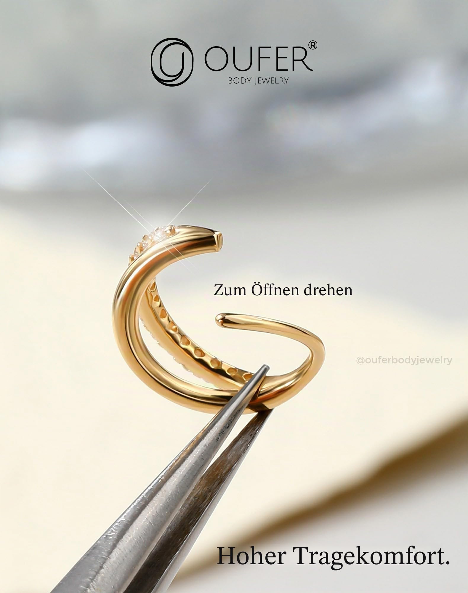 OUFER 20G 9KT Gold Nasenpiercing Klar CZ 8 mm Double Line Nostril Piercing Ring Knorpel Ohrpiercing Seamless Open Helix Lobe Piercing
