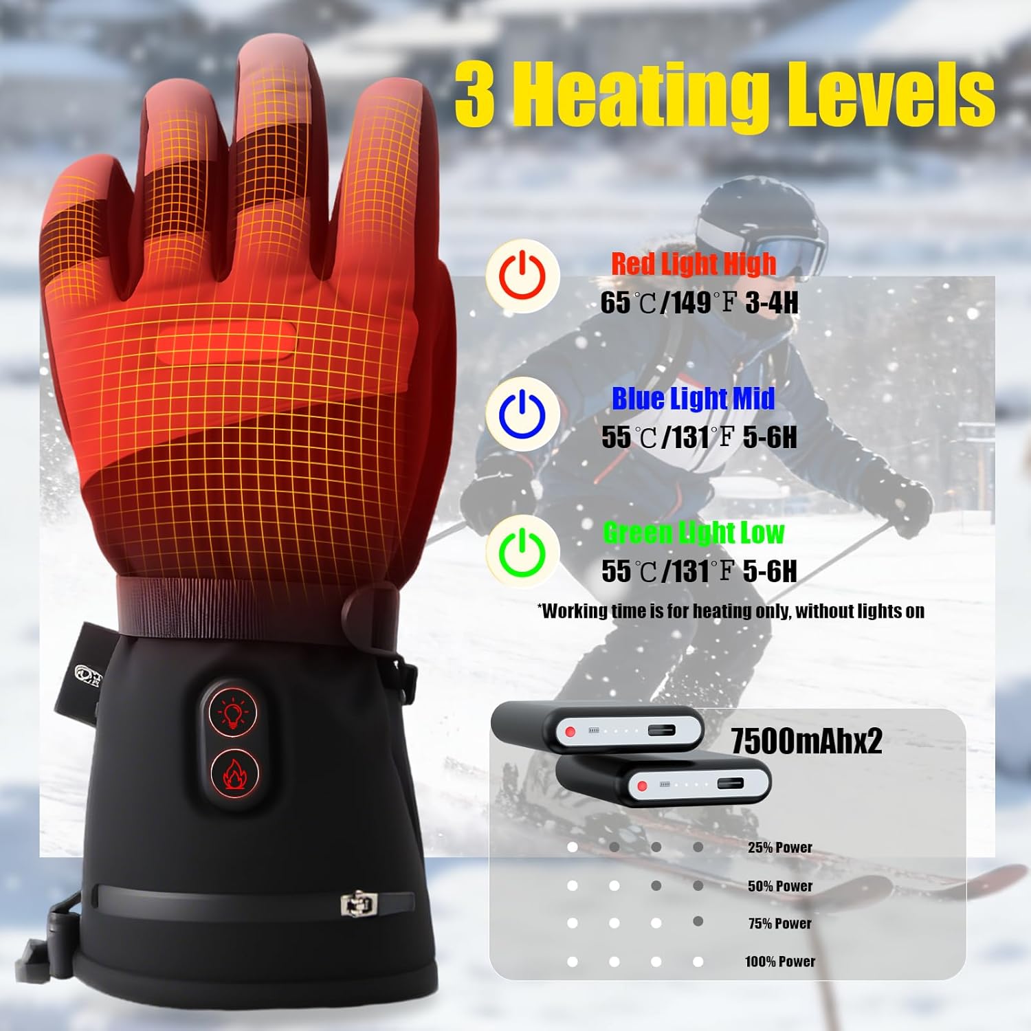 Heated Gloves with LED Flashlight, 7500mAh*2 Rechargeable Heated Gloves for Men Women, 3 Heating Modes with Touchscreen, Waterproof Electric Heated Ski Glove for Winter Outdoor Work Camping Arthritis - Image 3
