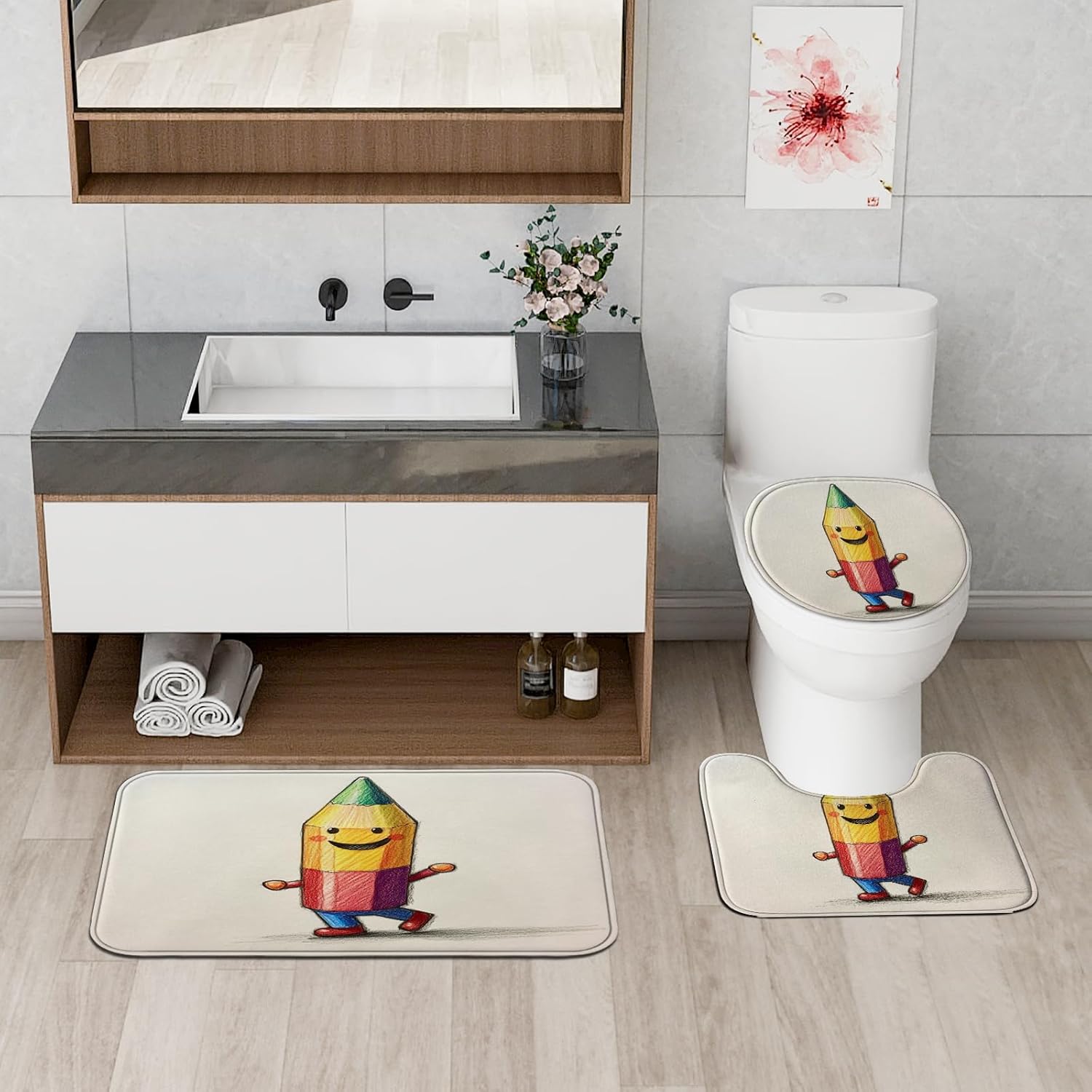 4PCS Cute Cartoon Pencil Bathroom Accessory Sets with Non-Slip Rug, U Shape and Toilet Lid Cover Mat, Funny Kid Bathroom Fabric Decor-72''x72''