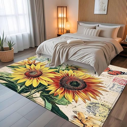 Miniatura 5 de 5x8 Area Rugs, Retro Sunflower Non-Skid Rubber Backing Large Rectangle Rugs - Living Room Bedroom Home Office, Spring Botanical Floral Watercolor