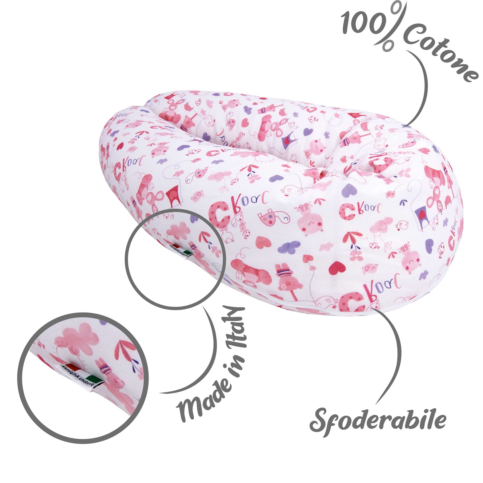 Supporto Multifunzione Neonato Cuscino Gravidanza Babysanity - Allattamento E Riposo Per Mamma E Neonato 100% Cotone Italiano Cuscino Multifunzione