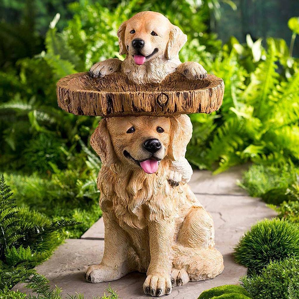 NOENNULL 7 Bird Bath for Outside Two Playful Golden Retriever Puppies Resin Birdbath Hand Painted All Weather Wood Look Resin Landscape and Garden Accent - Image 4