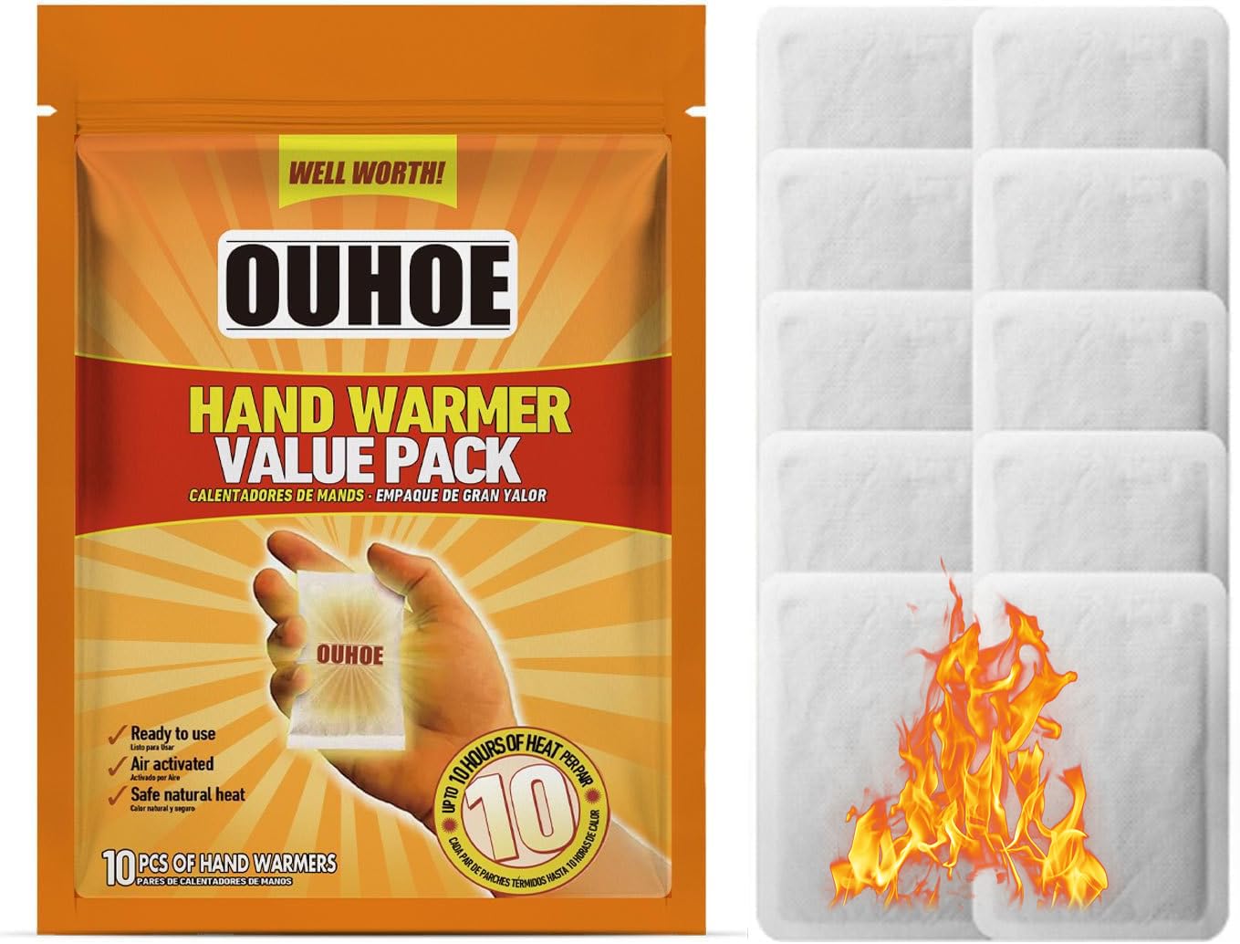Hand Warmer Value Pack (10 Packs), Disposable Hand Warmers, 10 Hours Heating, Super Long Lasting - All Natural - Air Activated, for Body, Hands & Toes - Odorless Hot Hand Warmer for Outdoor Activities