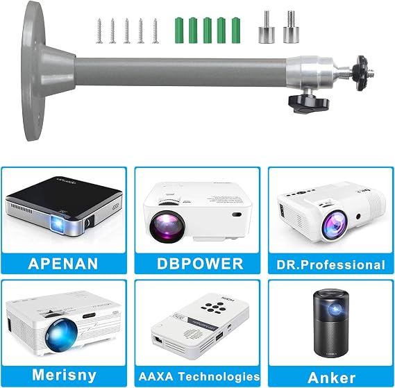 Mini Projector Holder Wall Ceiling Mount Compatible with QKK, DR.J Upgrade, DBPOWER, Anker, VANKYO, AAXA Technologies, PVO, Artlii, LoongSon, APEMAN and Most (175 mm, Grey)