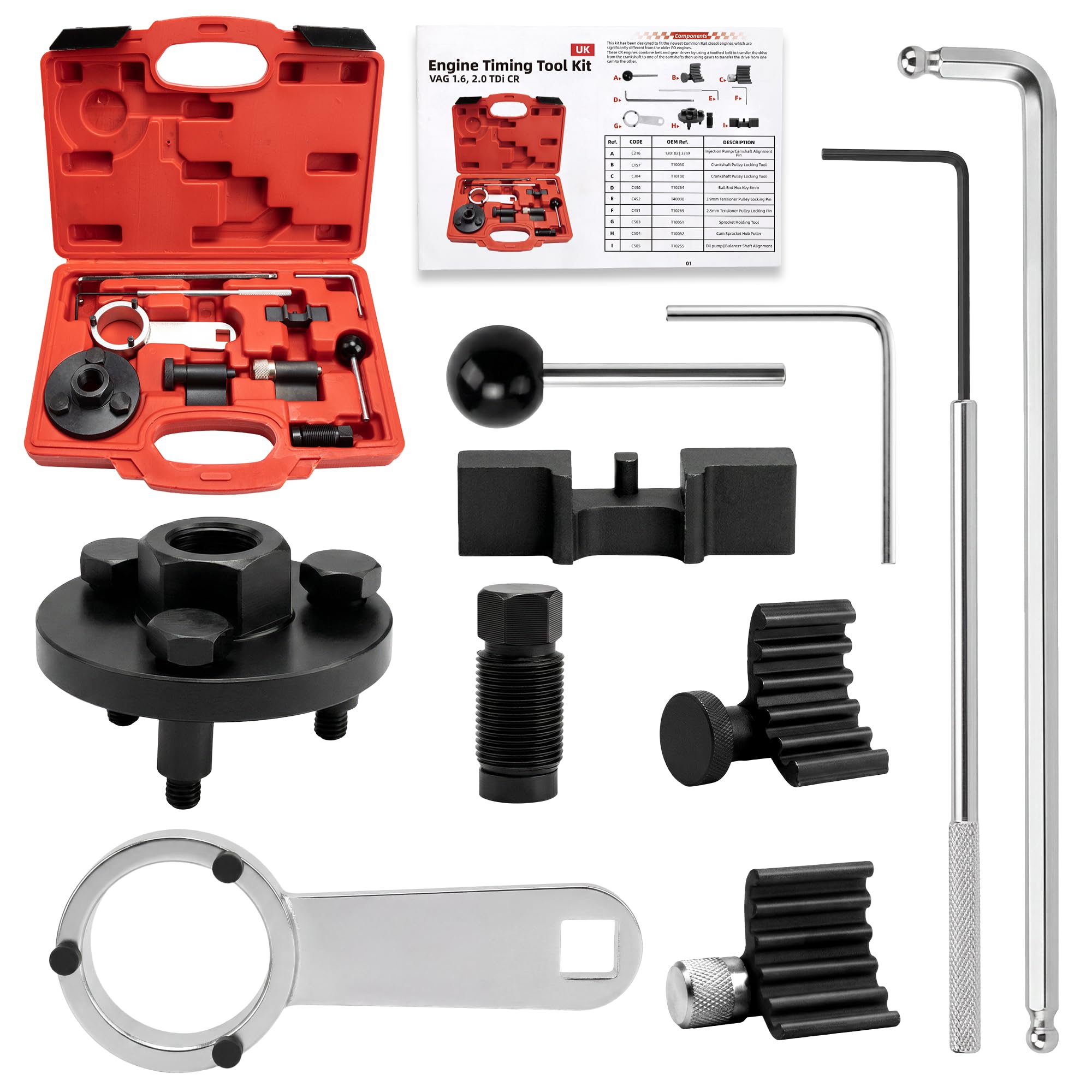 Kit Attrezzi per Fasatura Motore Attrezzo di Bloccaggio Albero a Camme Compatibile con VAG VW Audi Seat Skoda 1.6 2.0 TDI CR T10050, T10100, T10051, T10052, T10255