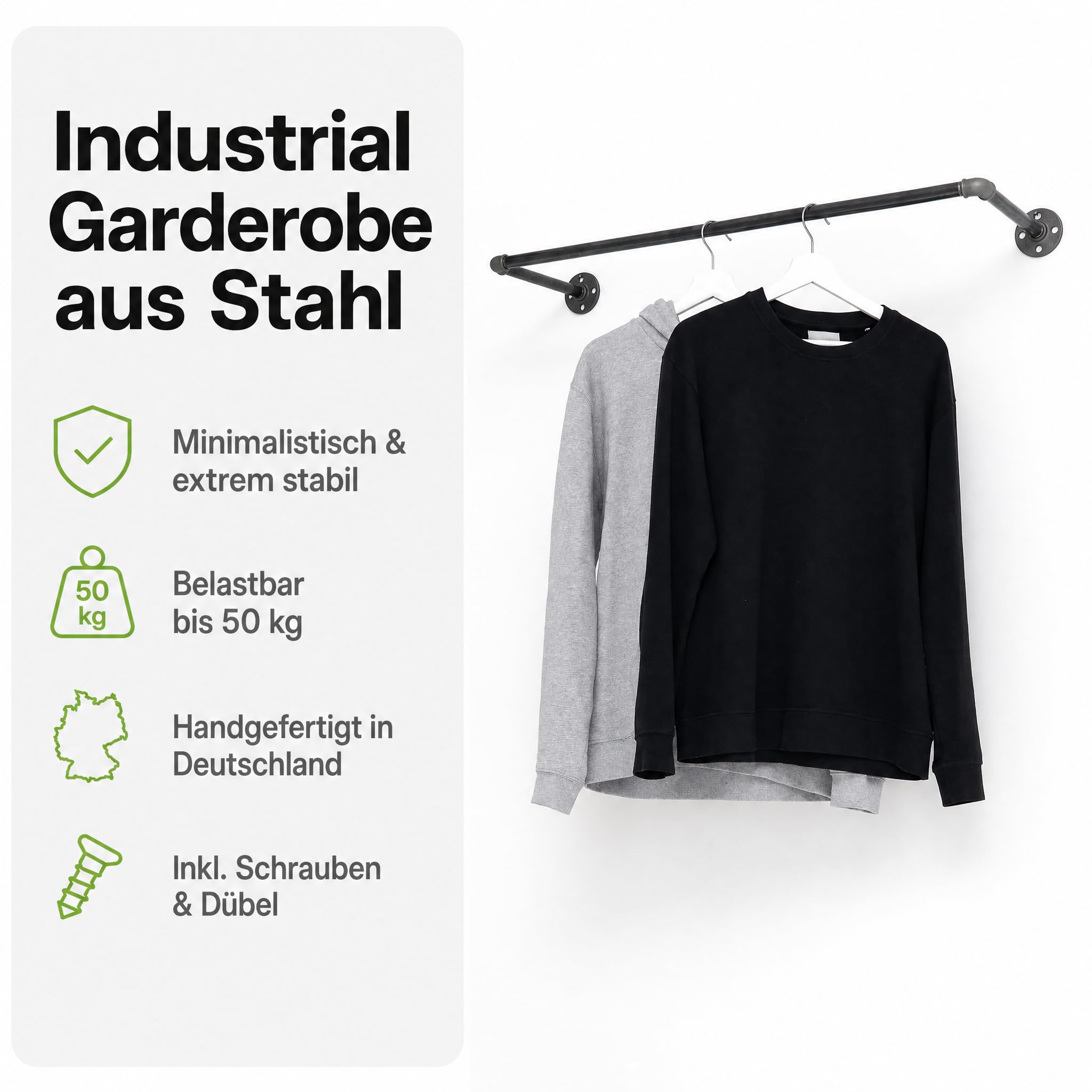 Kleiderstange Wandmontage schwarz - Garderobenstange div. Größen z.B. 60 x 12 cm - Garderobe Industrial handgefertigt - Jackenhalter Wand Metallstange Made in Germany - Kleiderstange Teleskop U-Form