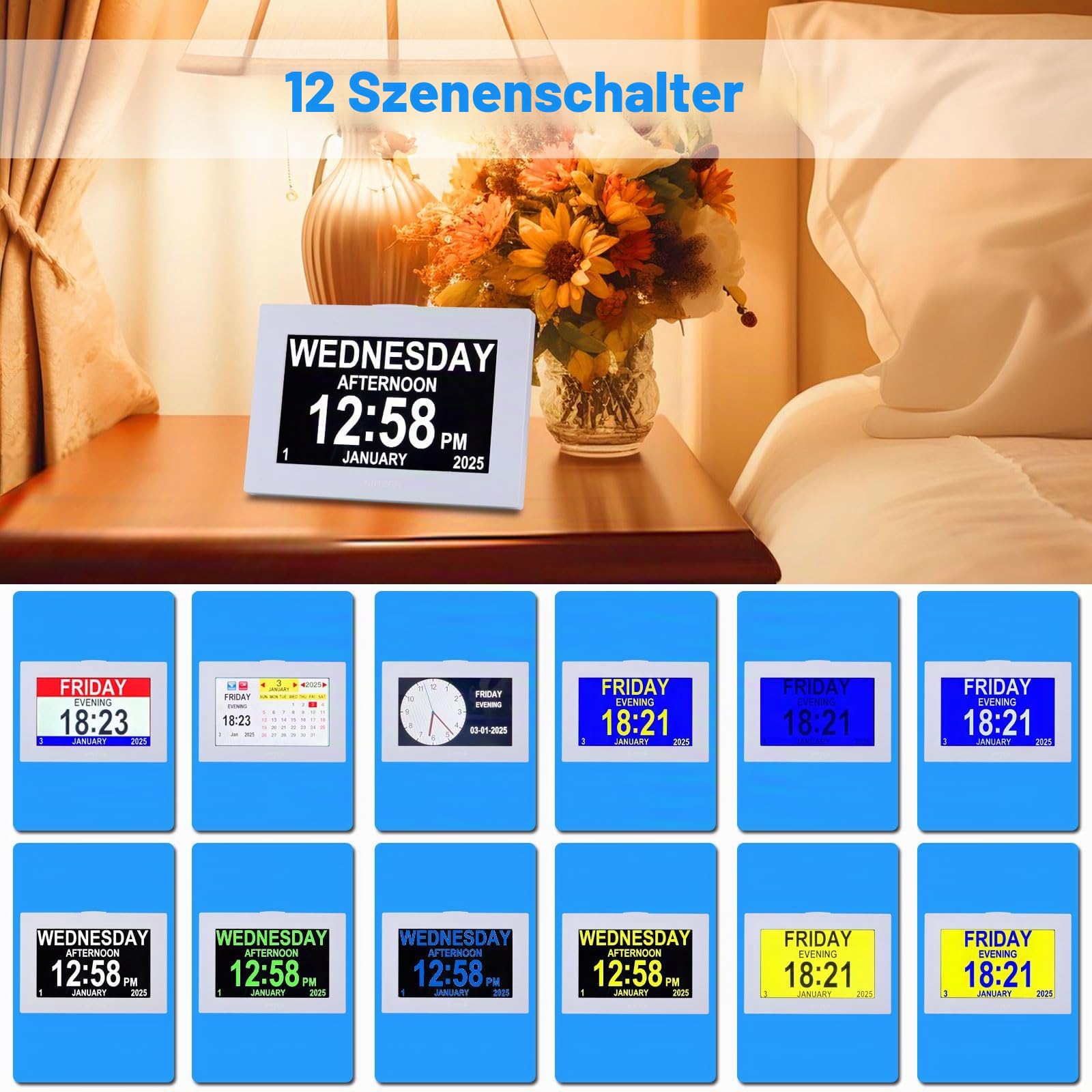 Touchscreen Demenz Wecker Design 2025 Neu, Digitaluhr 8 Zoll Großes Display Sprechende Kalenderuhr, mit Datum und Tag für ältere Alzheimer mit HD Digital Bilderrahmen
