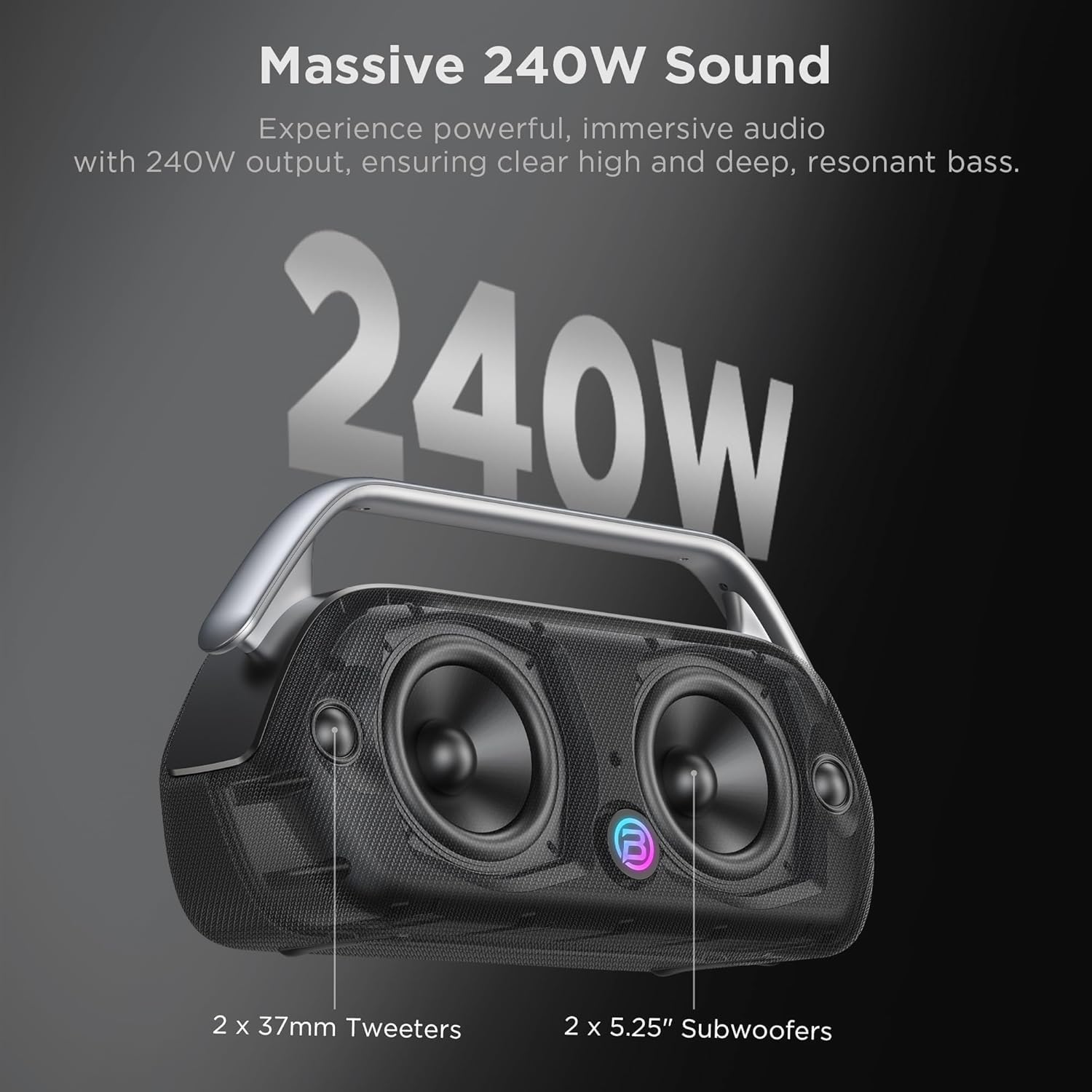 BUGANI Boost Max - Altavoz Bluetooth portátil de 240 W, autonomía de reproducción de 16 horas, subwoofer, soporta funciones auxiliar/USB/banco de energía, altavoz externo para camping, playa, fiestas