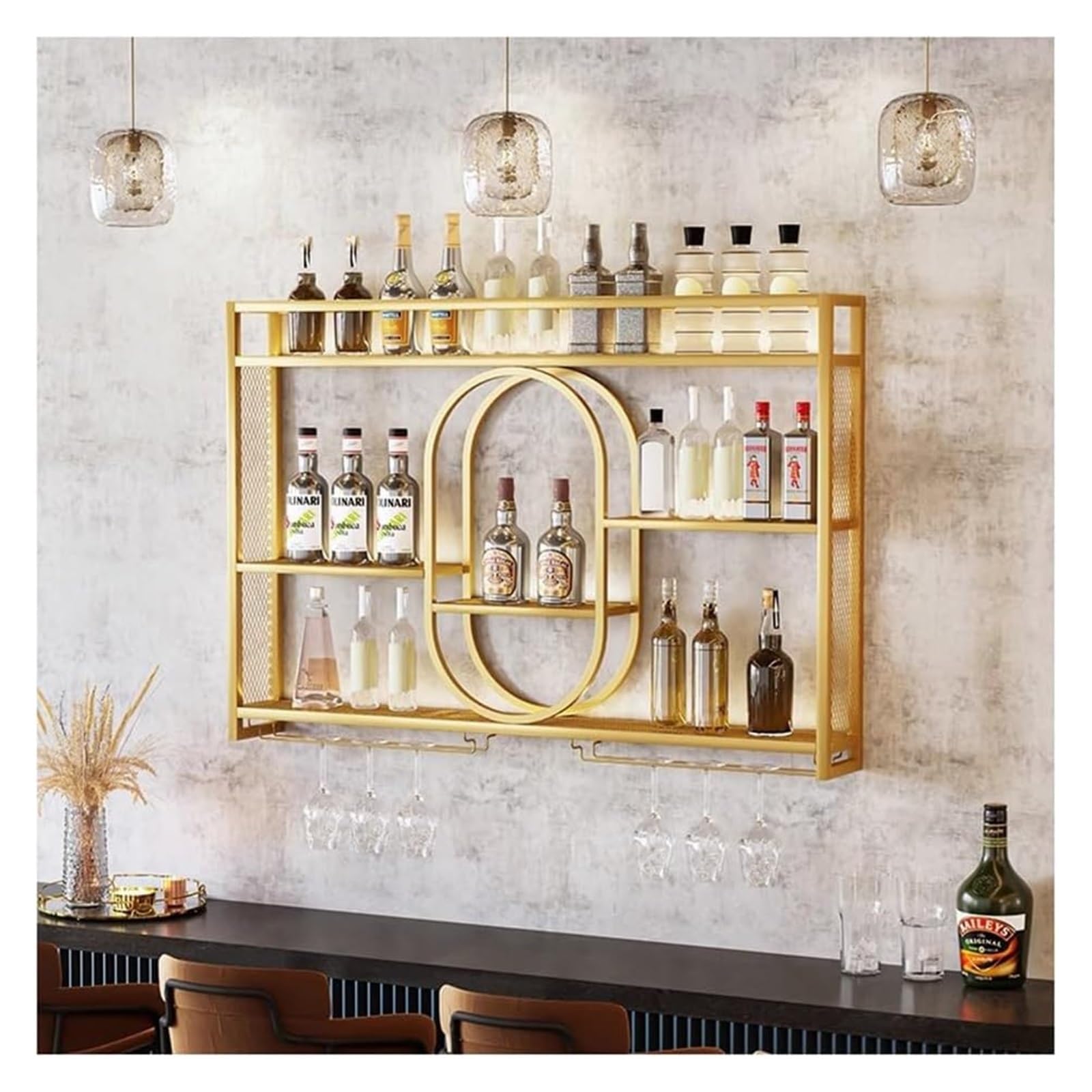 Étagère à vin murale LED avec support de verre pour un stockage lumineux de vos bouteilles