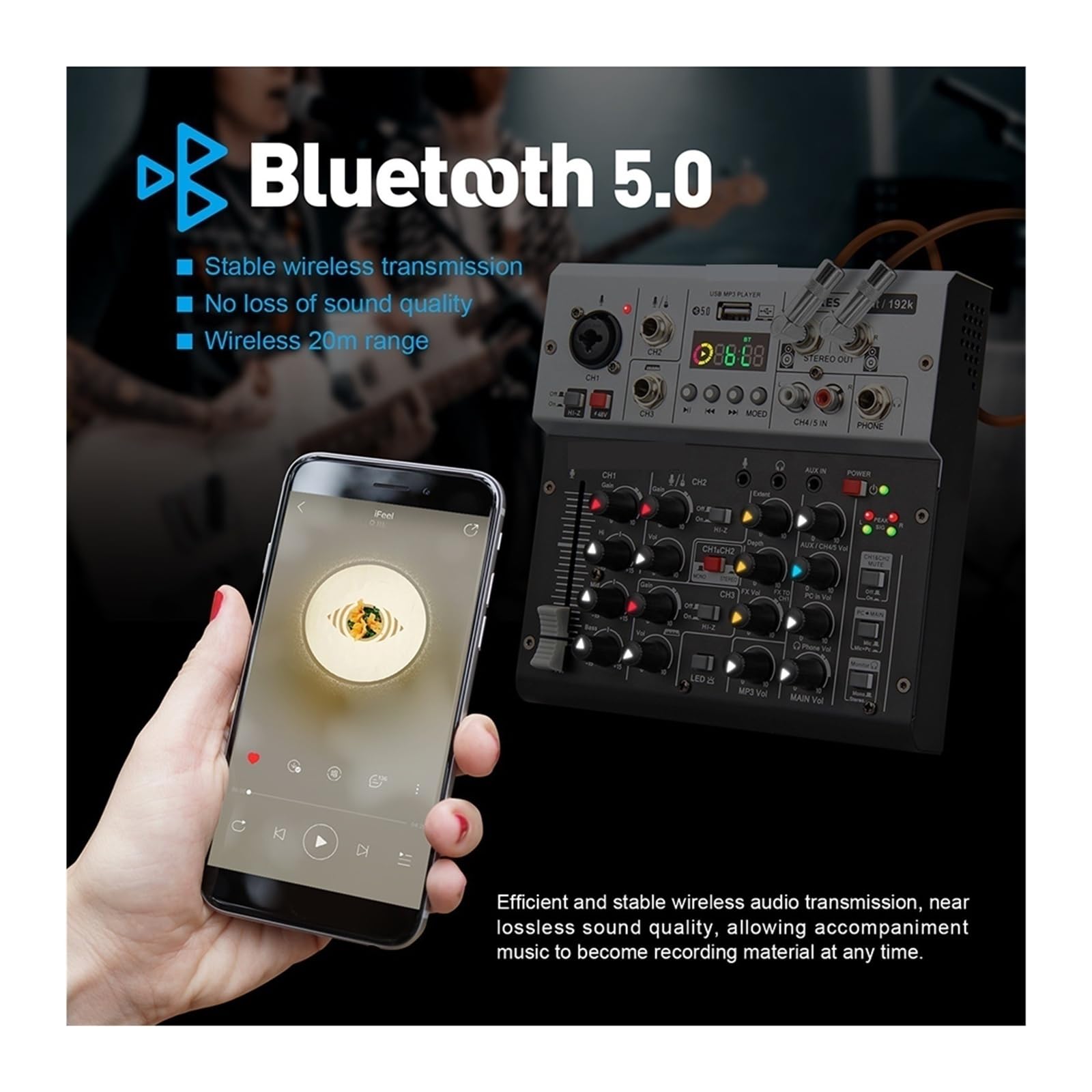 Mezclador de audio, Tarjeta de sonido con interfaz monitorización, calidad estudio, 24 bits, 192kHz, 5.0 BT, for PC, grabación en vivo guitarra eléctrica y canto