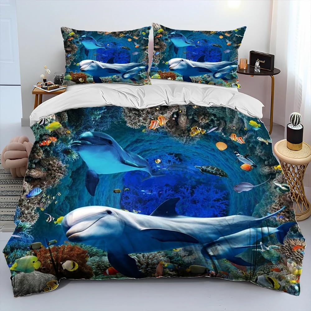 LMMSMGS Double Duvet Set Dolphin Double Bed Duvet Cover Set for Kids Aldult with Zipper Closure Hypoallergenic Microfiber Quilt Cover 78.7"x 78.7" + 2 Pillowcases 19.7"x 29.5"