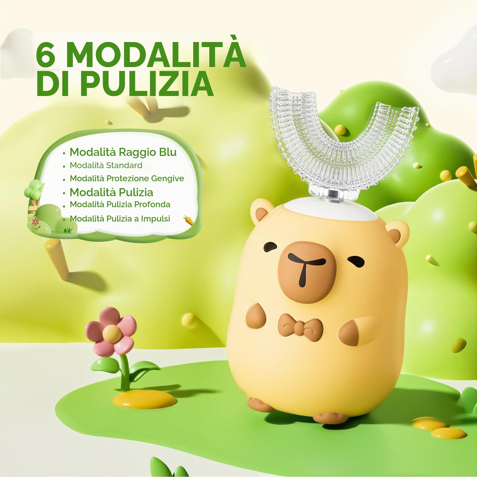 Spazzolino elettrico per bambini a forma di U - Capibara con 6 testine per pulizia completa della bocca, spazzolino automatico per bambini, con impermeabilità IPX7 (Capybara, 2-14 anni)