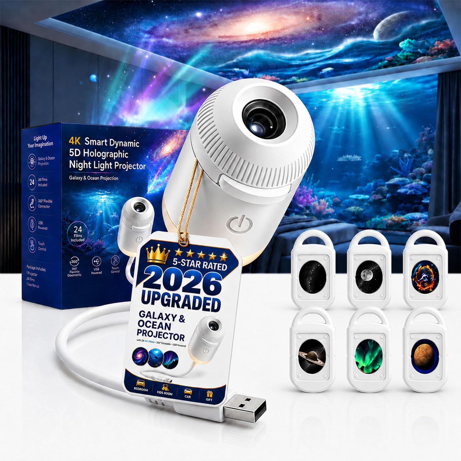 HD Smart Dynamic 5D Holographic Night Light Projector, Plug and Play 2-in-1 Galaxy Star and Ocean Projector with 24 Films, 360 Rotating USB Powered Ceiling Light for Bedroom Decor (6 Films)