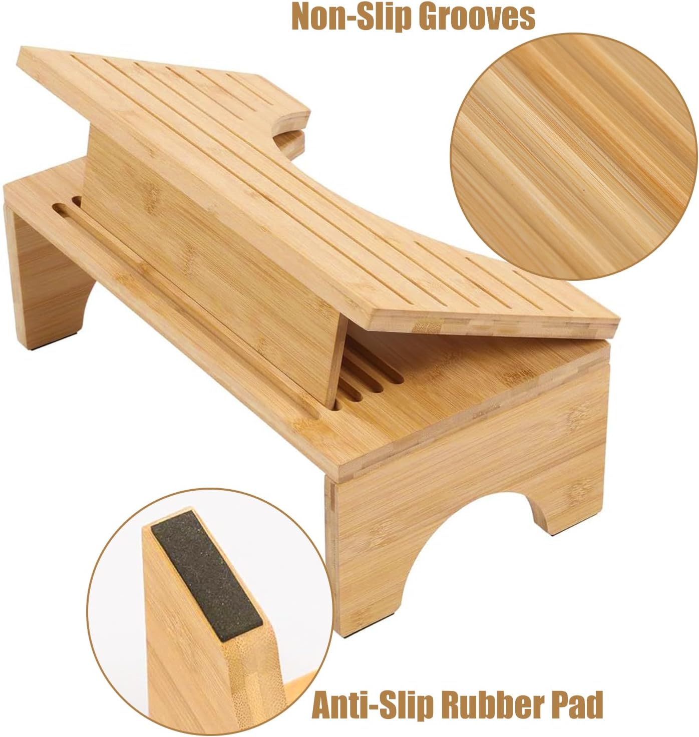 Foldable Bamboo Toilet Stool - 6.5" Adjustable Height Squat Potty for Adult Kids, Portable Simple Curve Poop Foot Step Stool for Bathroom, Anti-Slip, Improve Squatting Posture and Comfort