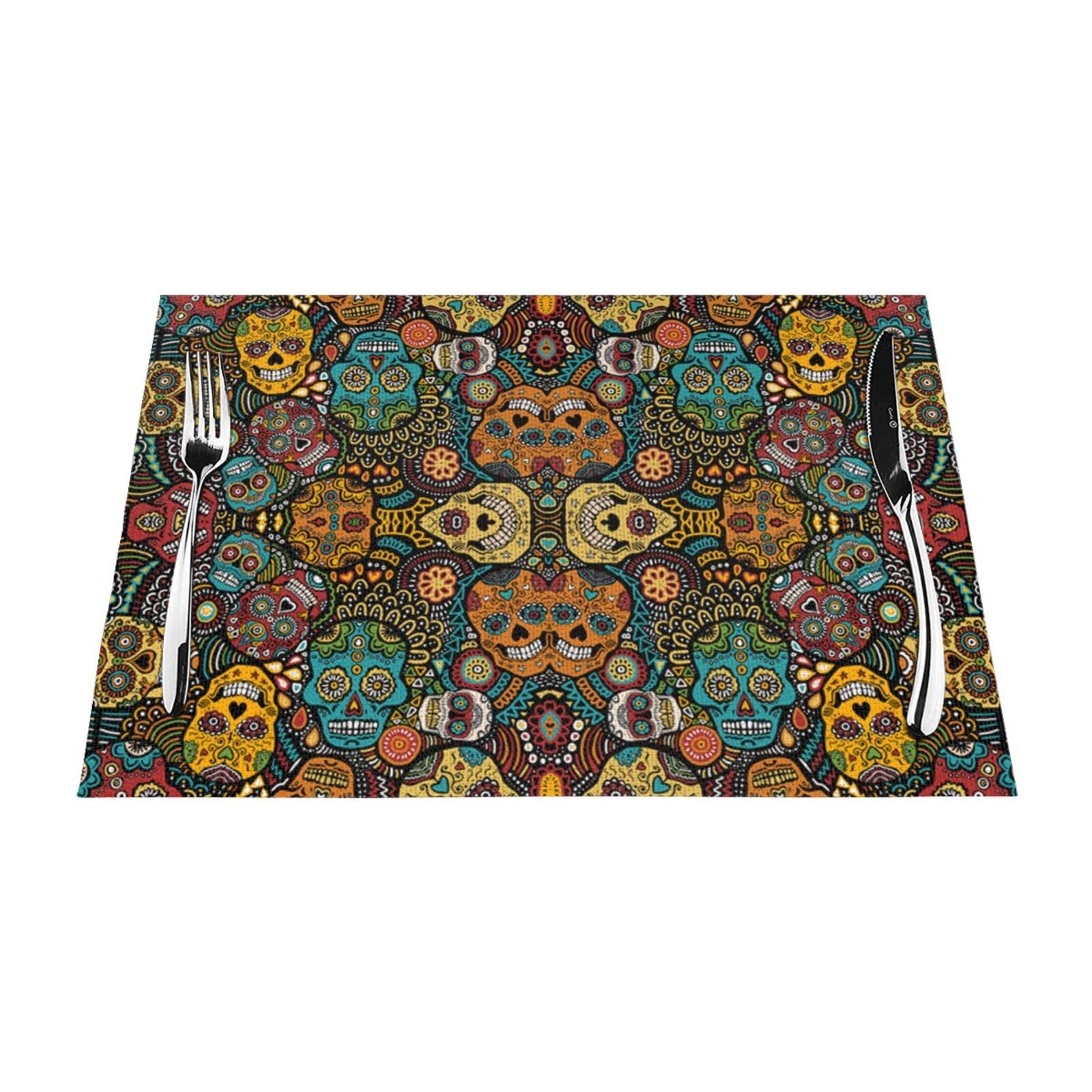 PVC Placemat Set of 6 PCS, 45x30 CM, Colorful Sugar Skulls Printed Non-Slip Heat Resistant Place Mats for Kitchen Dining Table Indoor Outdoor