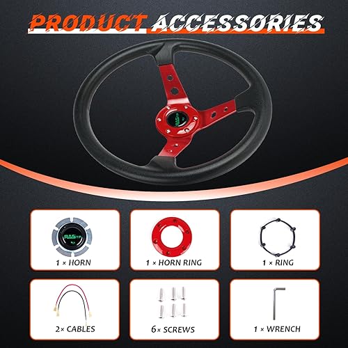 Miniatura 4 de RASTP Volante universal de carreras, volante de plato profundo a la deriva de 13.8 pulgadas, 6 pernos de agarre de cuero de vinilo y aluminio con