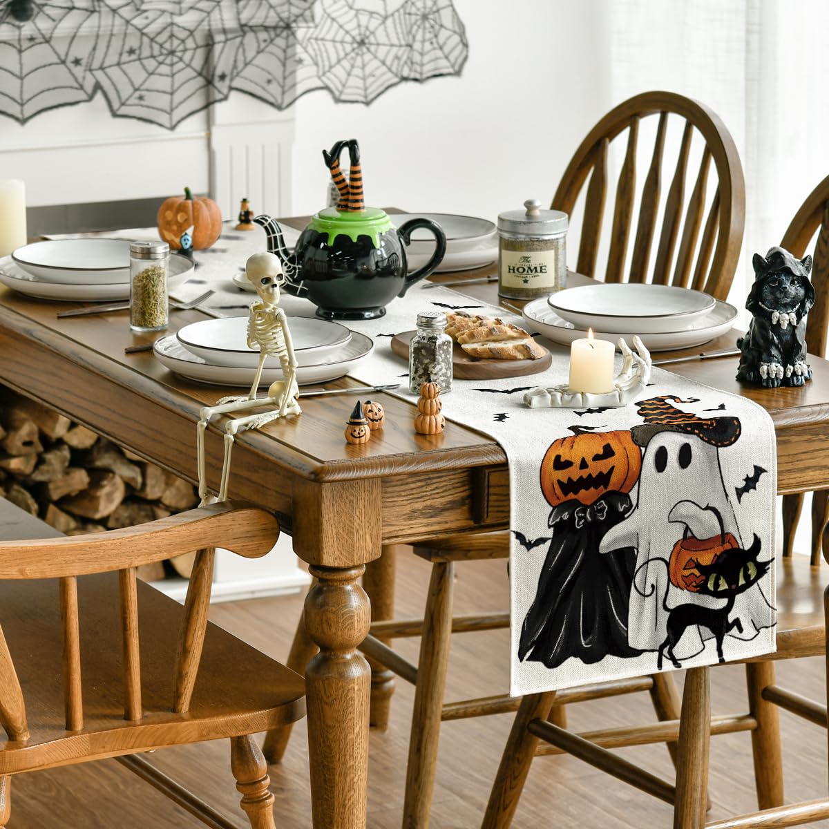 Halloween Table Runner - 13x72 Inch Spooky Haunted House Design, Polyester Kitchen Dining Decor