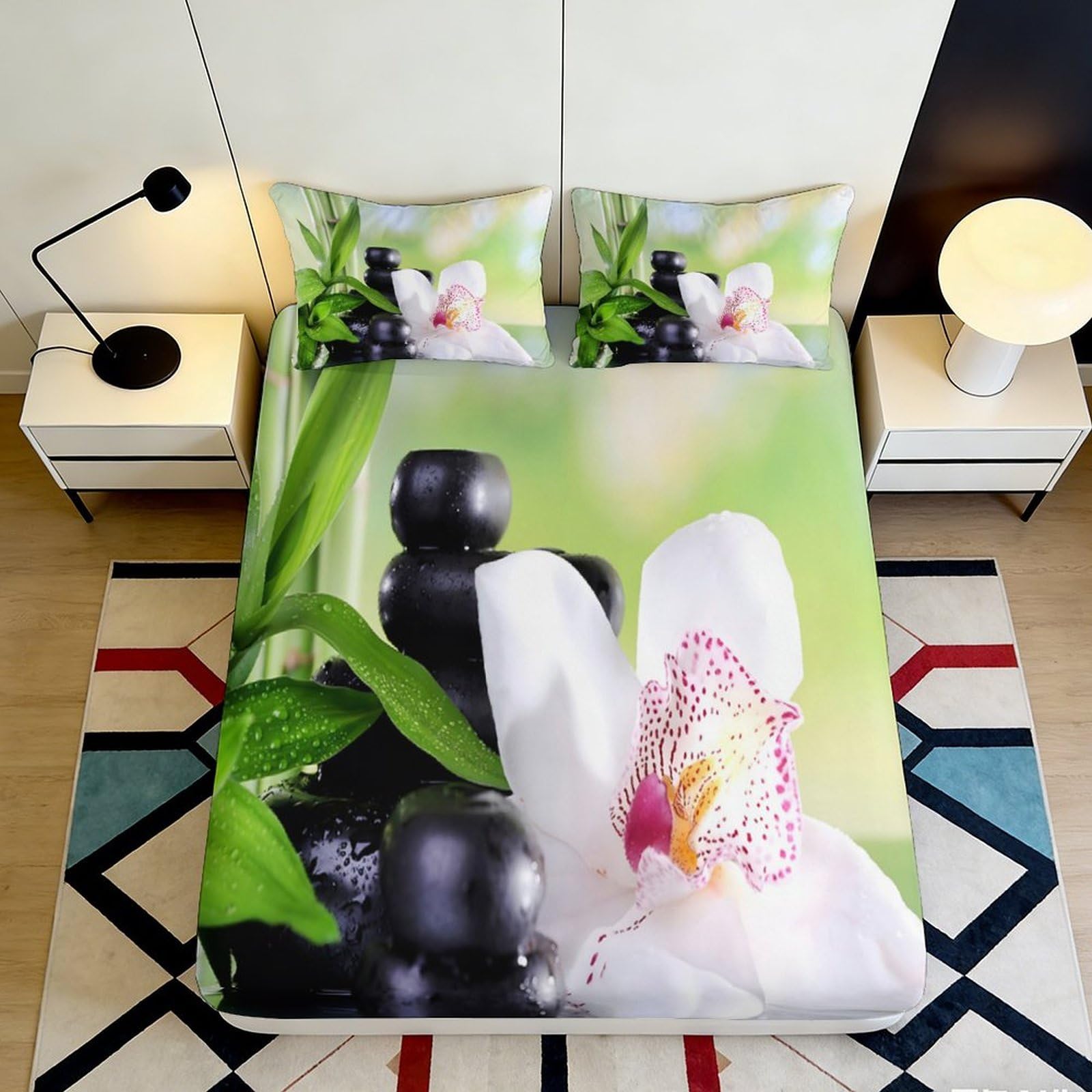 3D Printed Zen Orchid Fitted Sheet Microfiber Green Spa Stones Mattress Cover Adult Bedroom Decor Anti-slip Washable 120x200x25cm