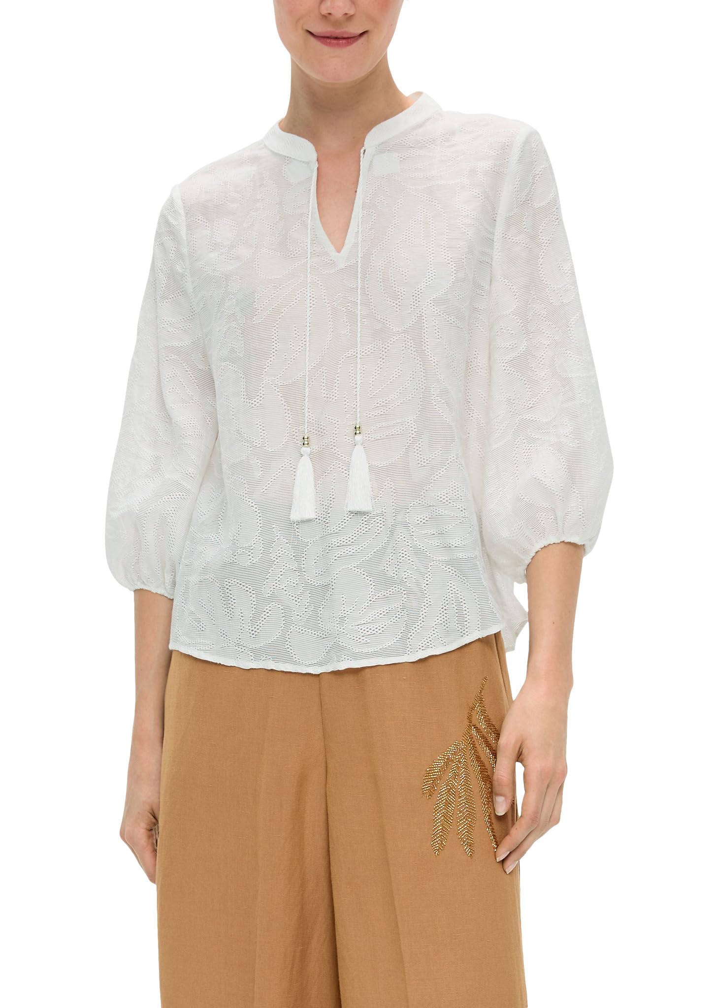 s.Oliver BLACK LABEL Tunic Blouse in Leaf Design Made of Viscose Mix, Ecru, 10