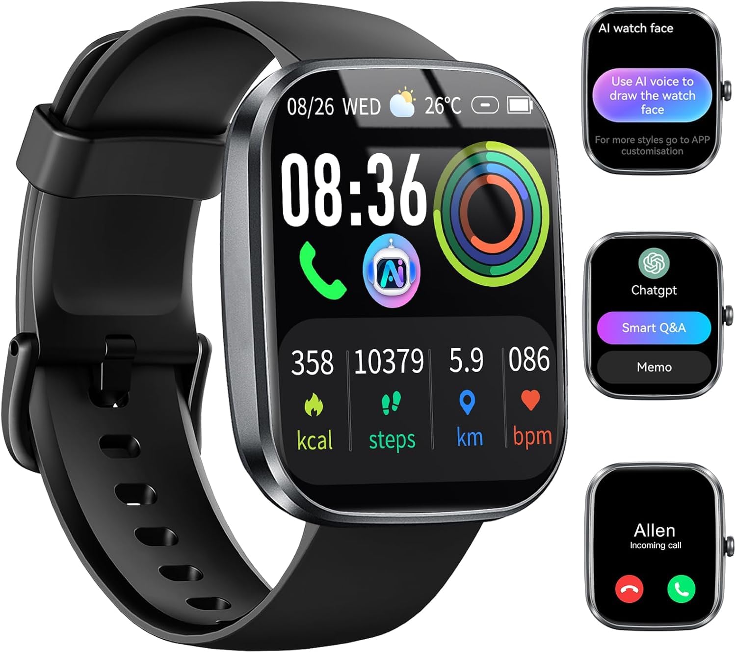 Uaue AI Smartwatch Uomo Donna, 2025 Nuova Fitness Tracker Orologio con Voce AI/Quadrante AI, Chiamate Bluetooth/Cardiofrequenzimetro/Contapassi/Sonno/115+ Sportive, 1.91" Smart Watch Impermeabile IP68