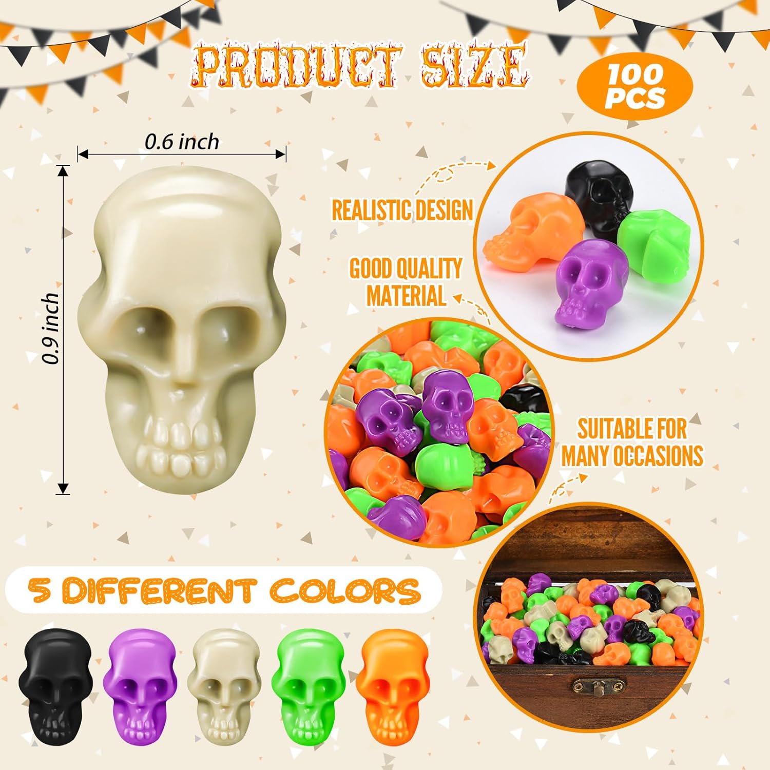 100Pcs Mini Plastic Skull Heads, Miniature Small Skulls, Halloween Skeleton Figurines for Halloween Pranks Crafts Bar Home Trick Toy