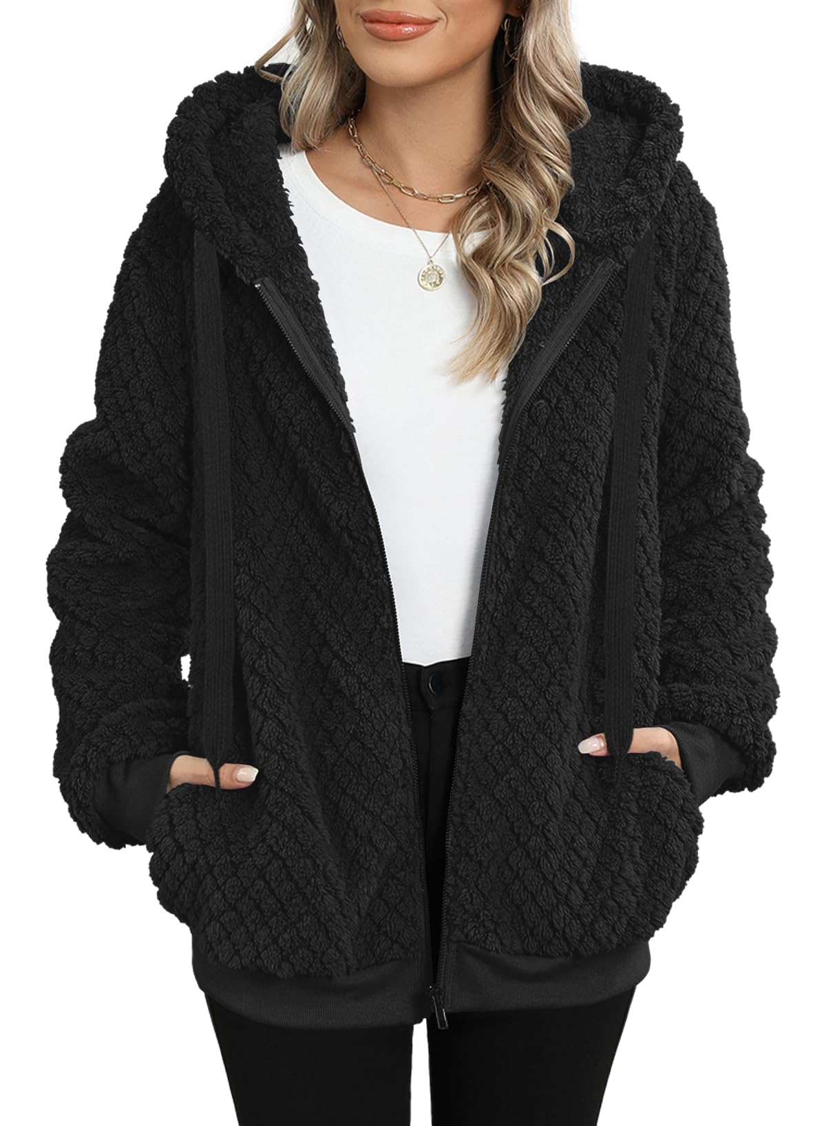 Nirovien Womens Sherpa Jacket Fuzzy Zip Up Hoodie Oversized Fleece Jackets Fluffy Coat with Pockets
