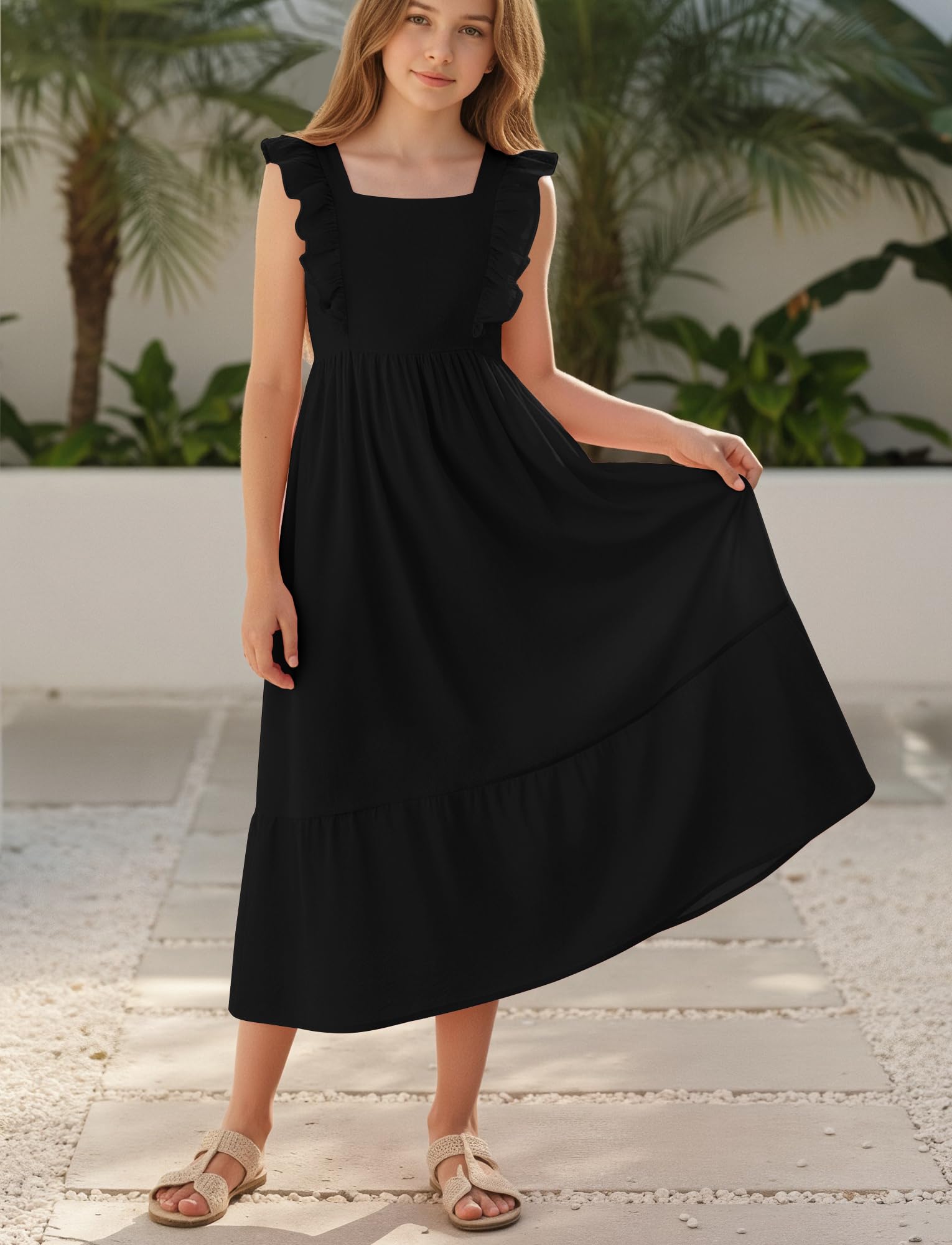 SEAUR Robe d'été pour fille avec grand nœud dans le dos, manches volantées, col carré, robe d'été fluide pour enfants et adolescents de 5 à 15 ans