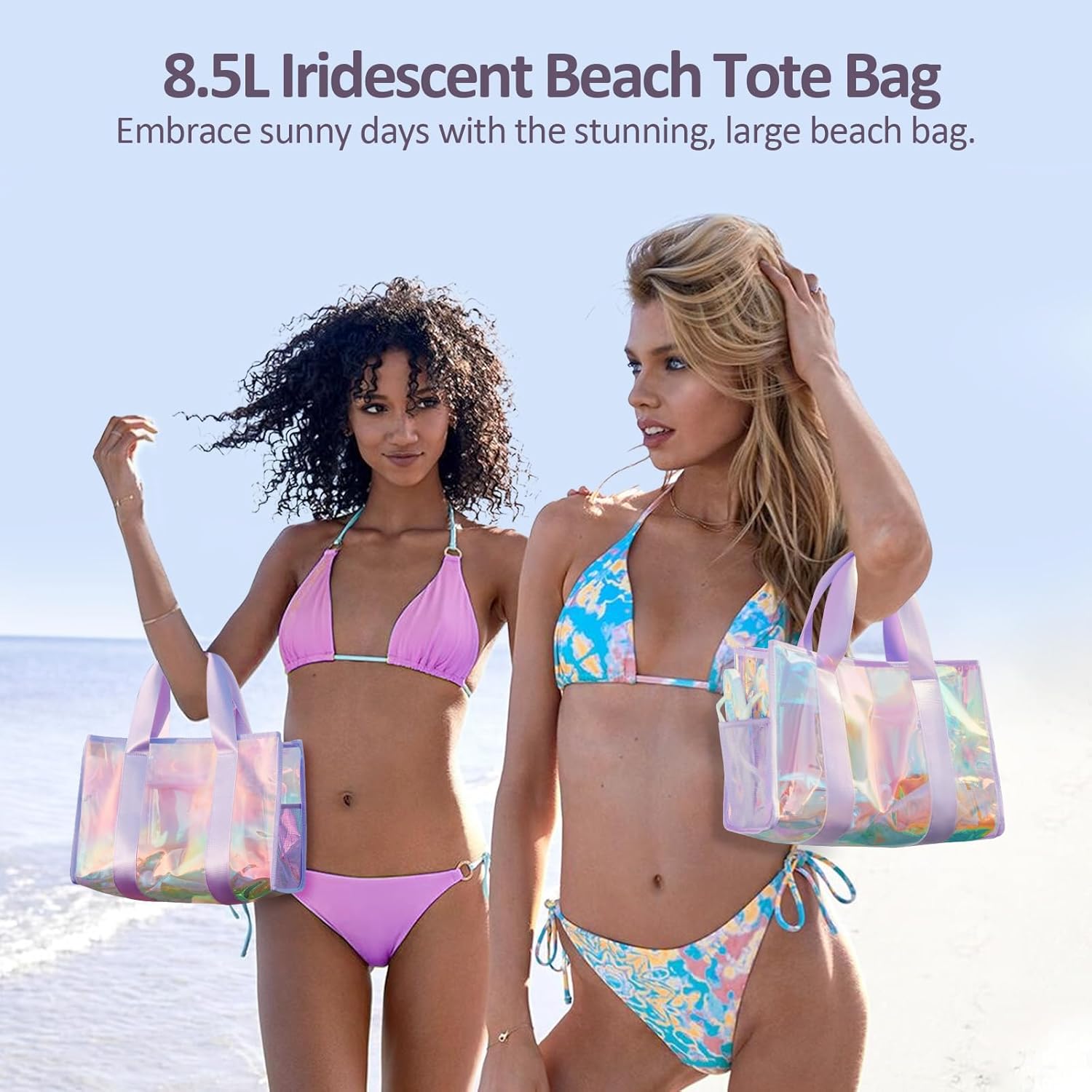 Beach Bag 26L Large Iridescent Waterproof Beach Tote Bag for Women with Zipper & Phone Pouch Sand/Tip-Proof Crossbody - Image 2