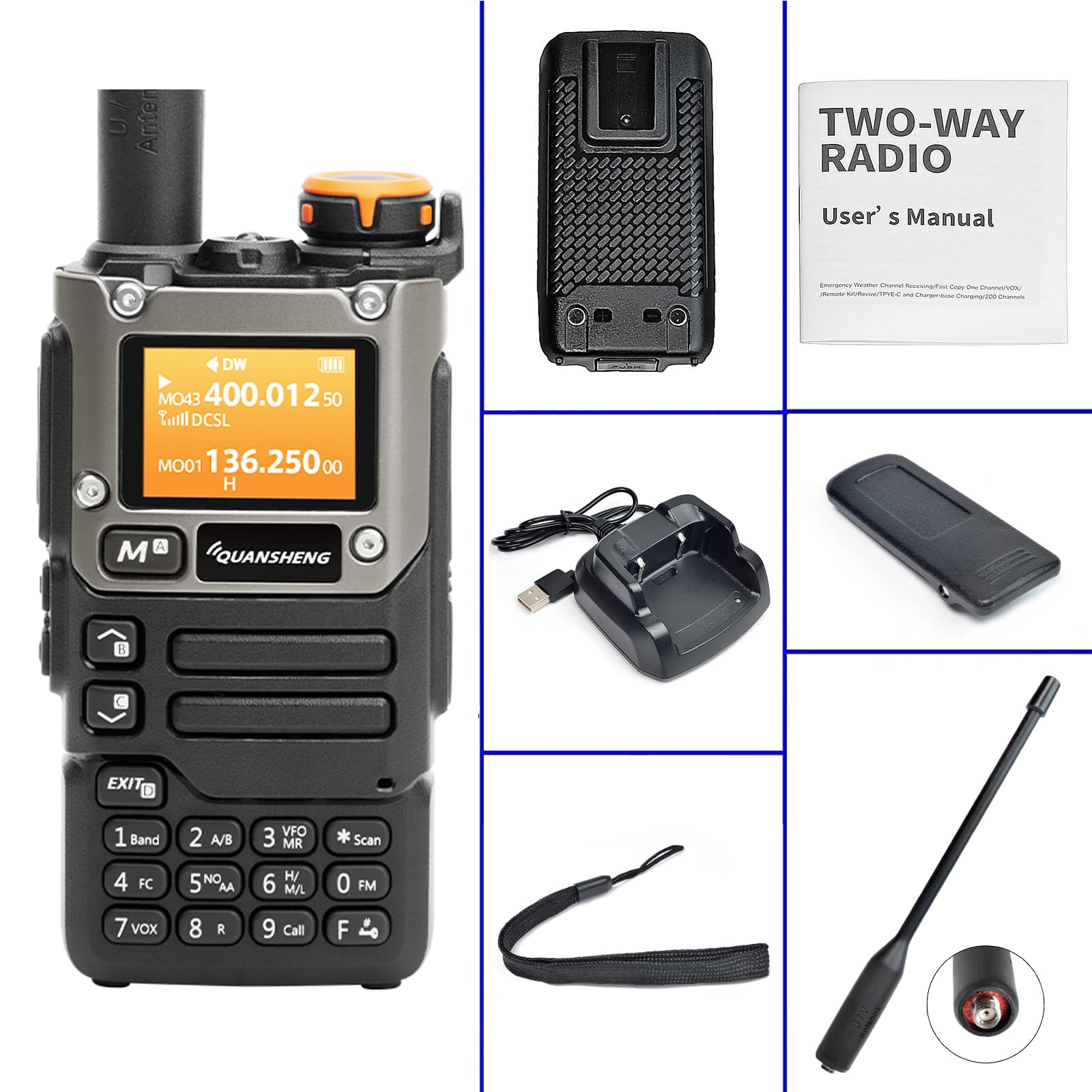 Quansheng UV-K5(8) Radio bidireccional portátil VHF UHF UHF FM NOAA UV-K6 Naranja para Exteriores/almacenaje y logística/navegación/producción Industrial (Negro, con Soporte para Radio)