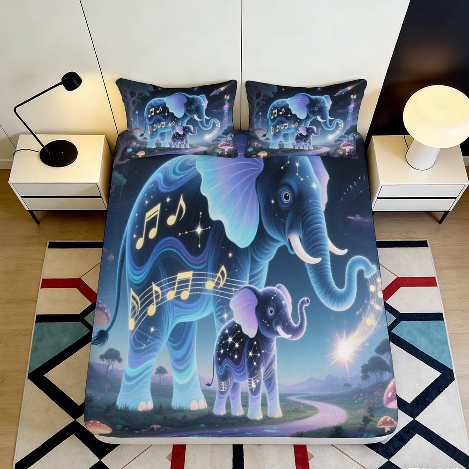 Pnayamiorkfel Style-8 3D Printed Dreamy Elephant Fitted Sheet Microfiber Anti-Slip Music Note Mattress Cover For Bedroom Guest Room Decor 90X200x25cm