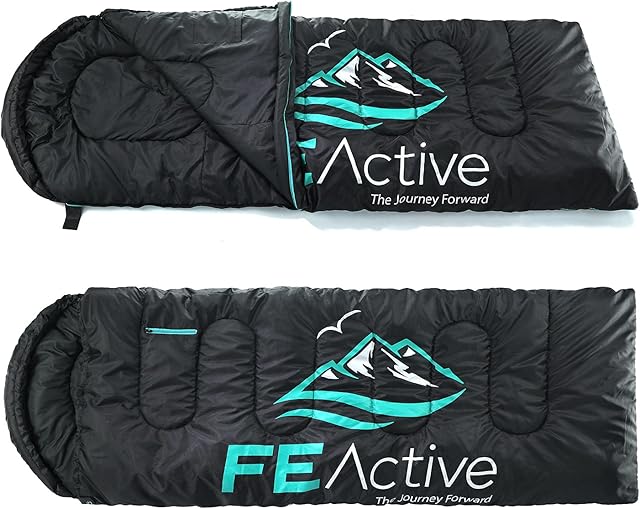 FE Active Camping Sleeping Bag - 3-4 Seasons, Extra Long, Hooded, Compact, Lightweight & Warm Sleeping Bag for Adults & Kids for Camping, Outdoors, Backpacking, Hiking | Designed in California, USA