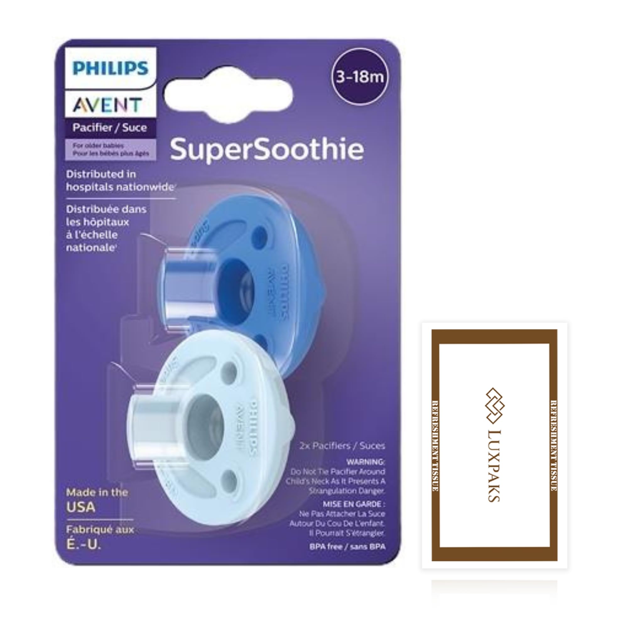 Baby Care Set: Philps Avnt Soothie 3-18m 2-Pack + LUXPAKS Wipe | Philps Avnt Soothee, 3-18 Months, Silicone Pacifier, Orthodontic, Sky Blue, Light Blue, Baby Care, LUXPAKS Wipe