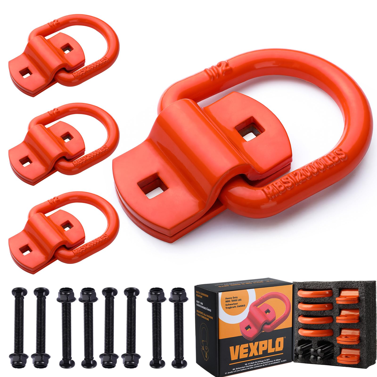 VEXPLO® Zurrösen pour charges lourdes pour remorques, camions, pick-ups, point d'ancrage vissable 5400 kg, 4 crochets de type D avec vis, idéal pour les charges lourdes et les terrains difficiles