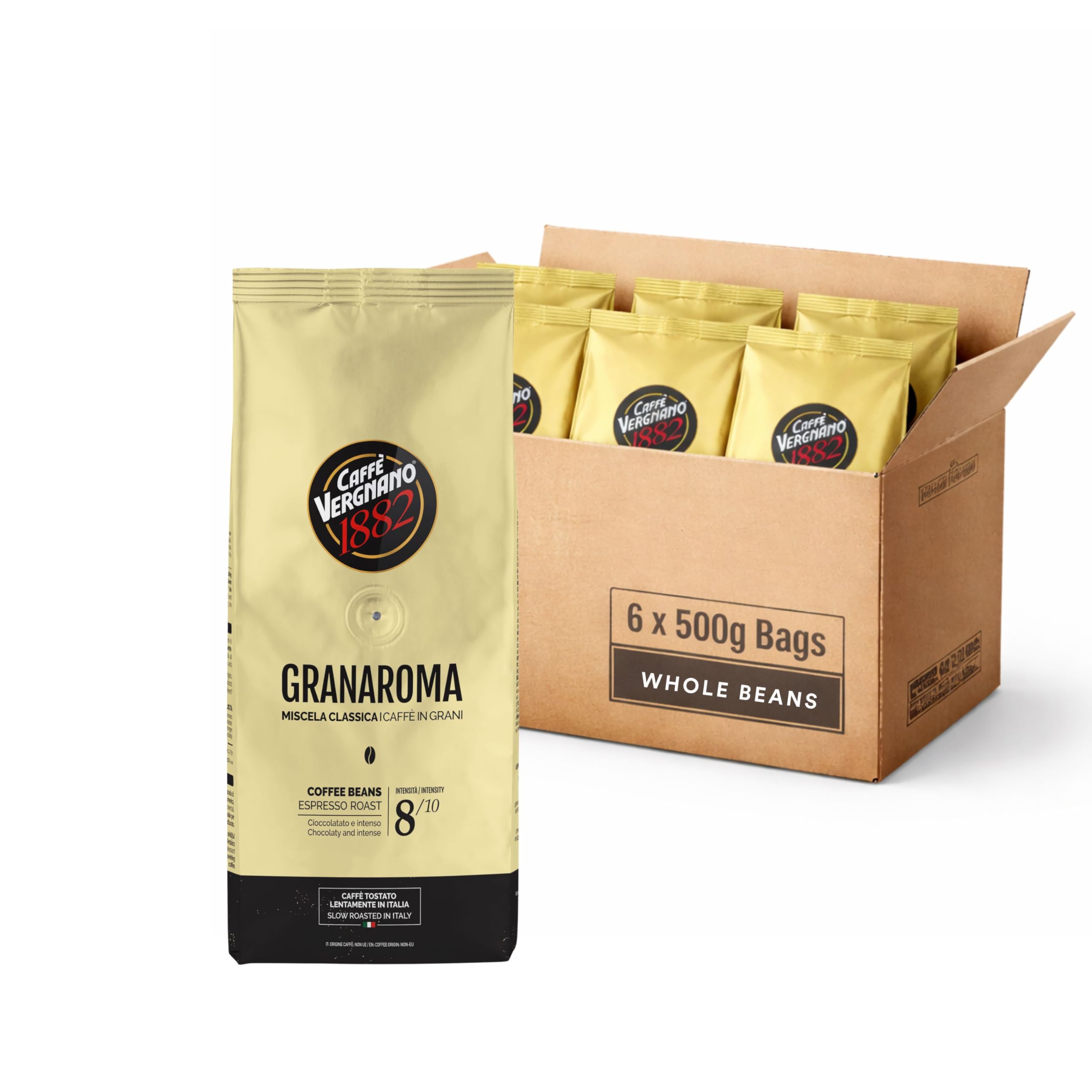 Caffe Vergnano 1882 Gran Aroma Whole Bean Arabica Medium Espresso Roast Coffee, 1.1lbs Bag - Italian Coffee Beans with Rich notes of Cocoa, Spices & Dried Fruit, Intensity 8/10-500g Bag (6 Pack)