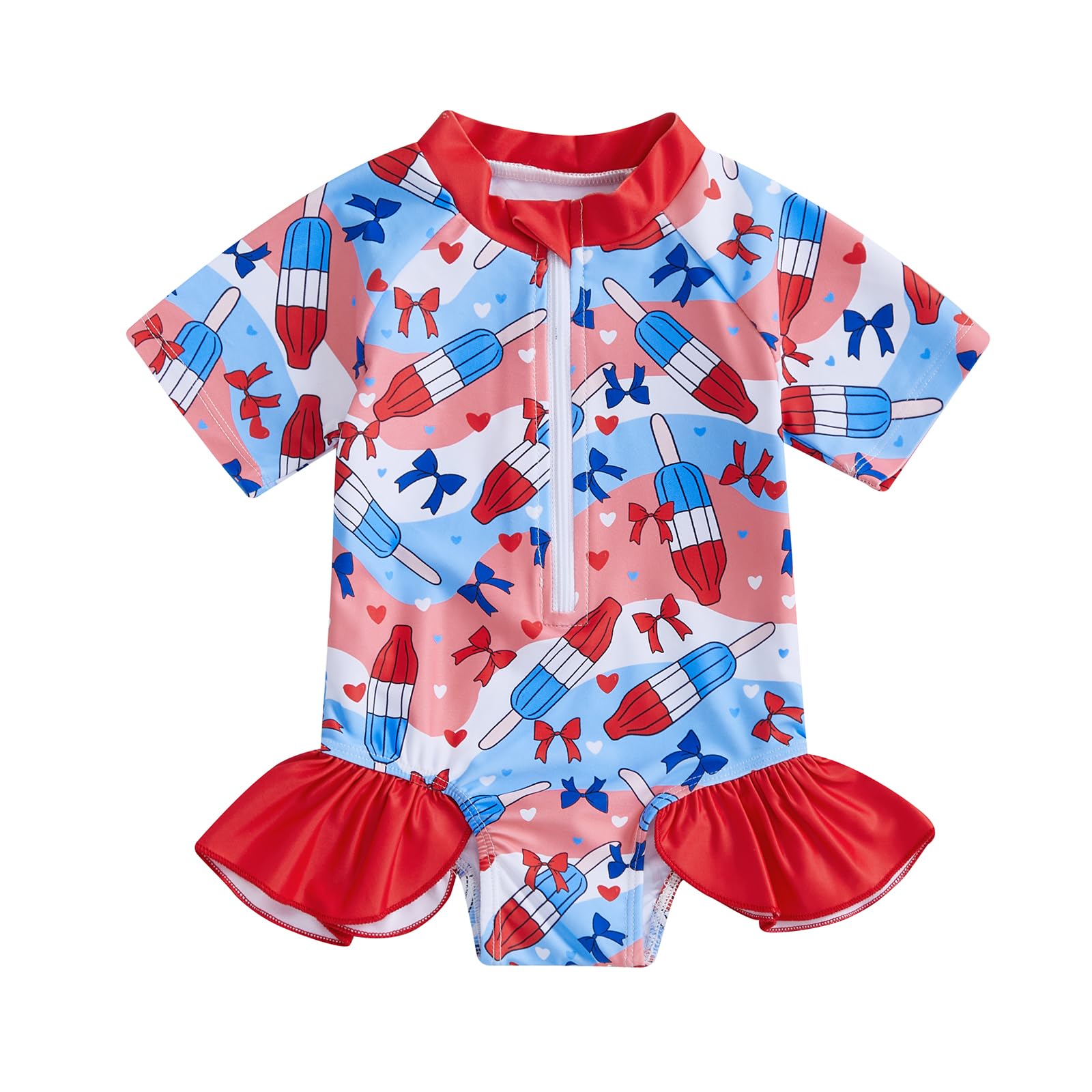 Rtnnsbbfcm Toddler Baby Girl 4th of July Swimsuit Short Sleeve American Flag Bow Popsicle Print Rash Guard Bathing Suit (Colorful, 18-24 Months)
